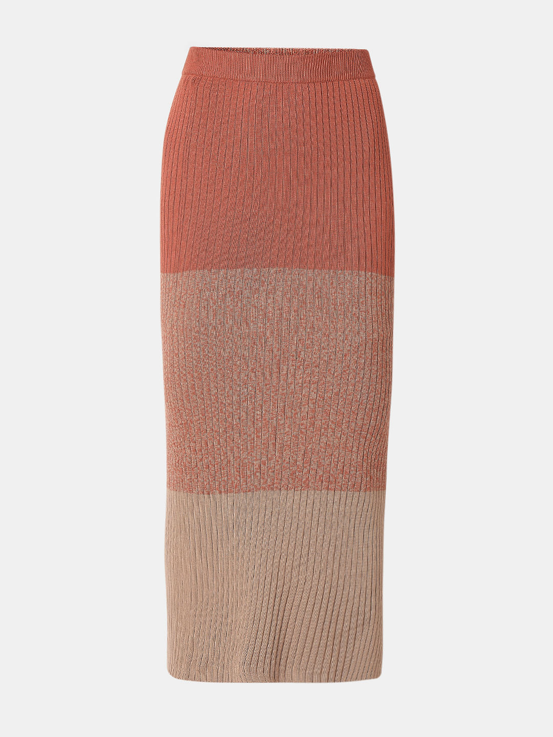 Beige Colourblocked Knitted Co-Ord Set Skirt