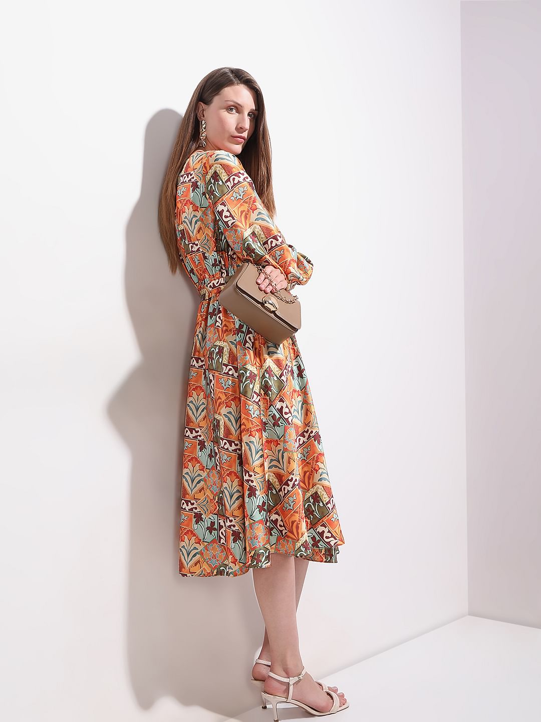 Rust Printed Midi Dress