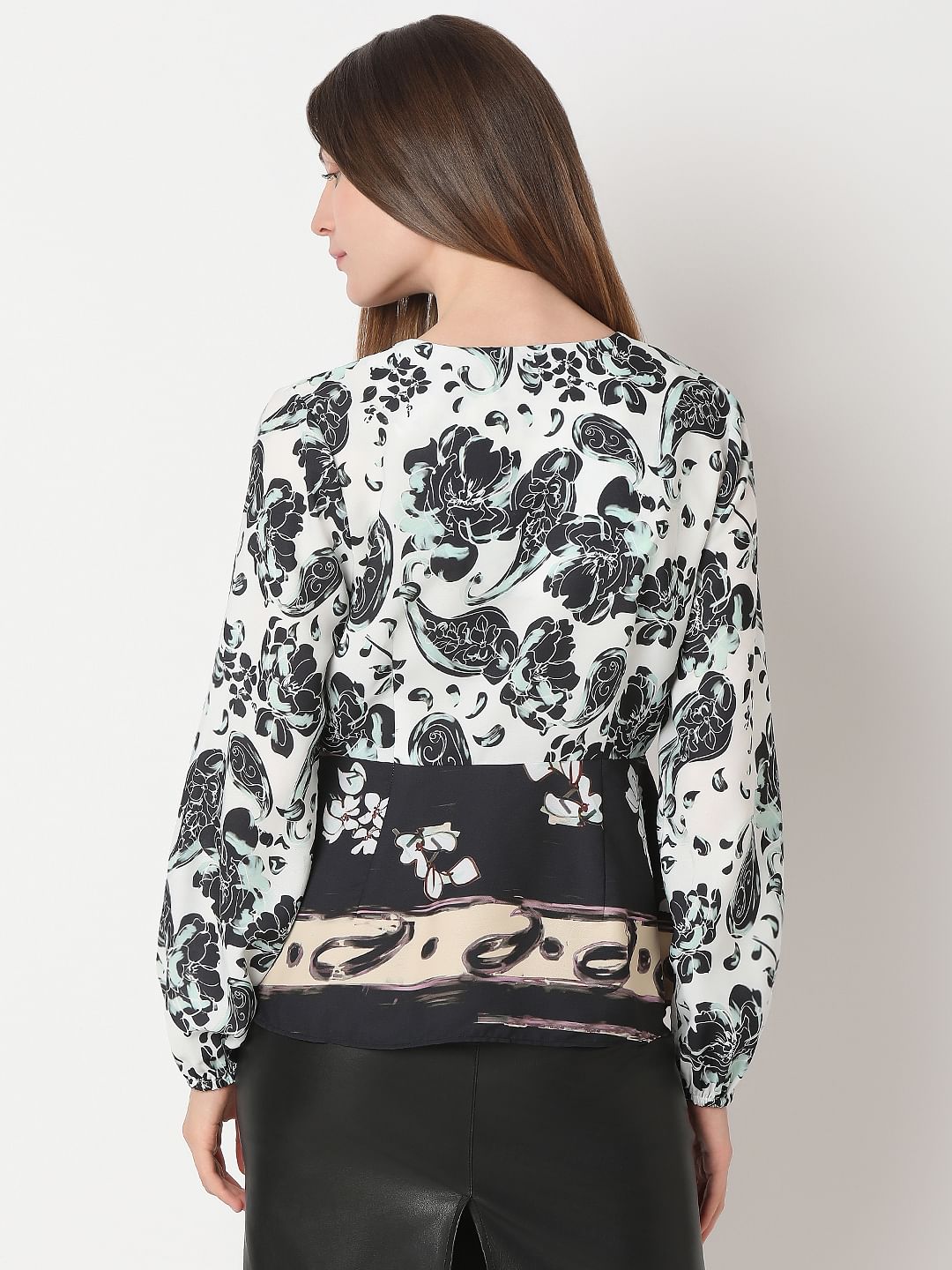 White Mixed Print Wrap Top