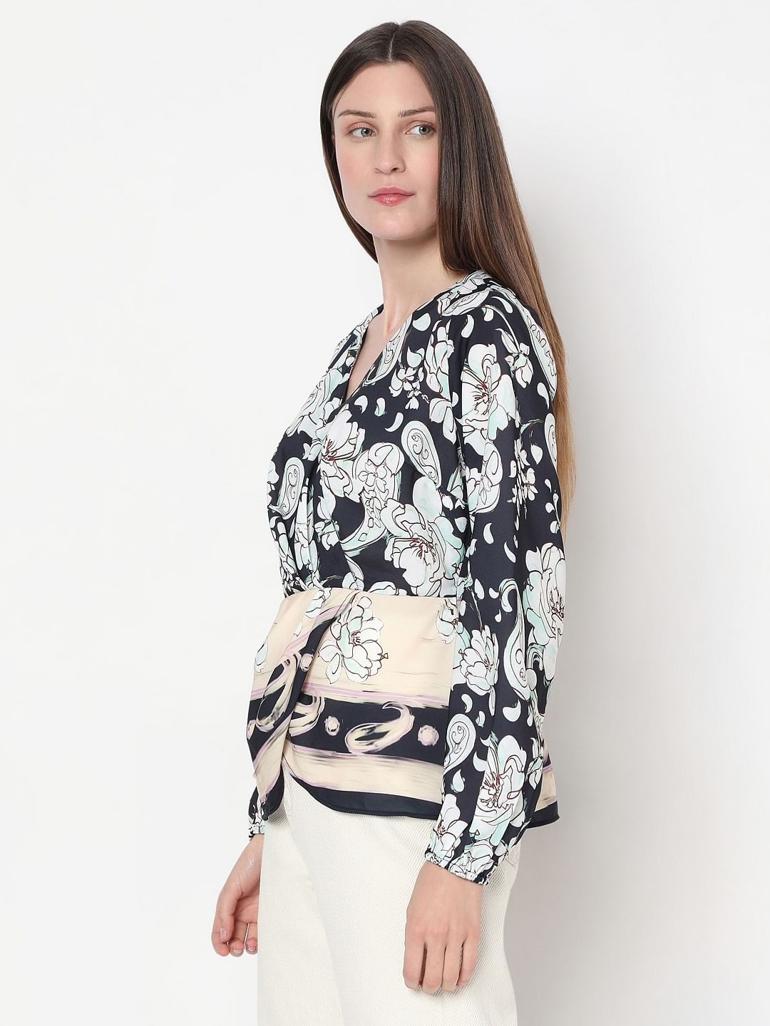 Black Mixed Print Wrap Top