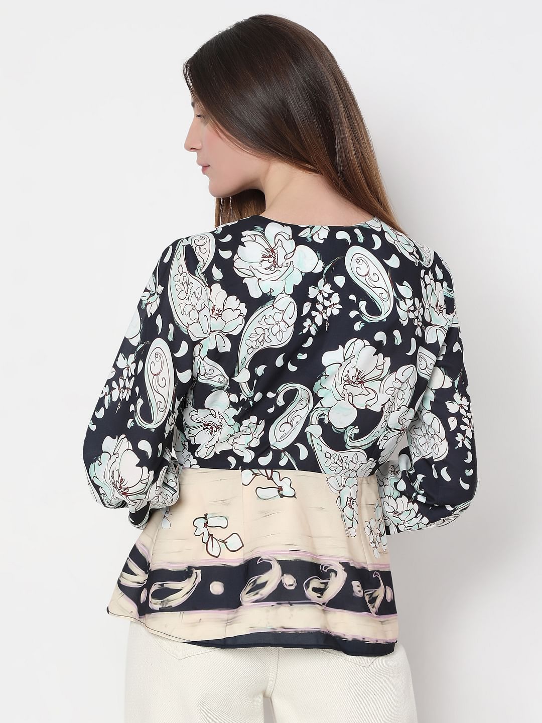 Black Mixed Print Wrap Top