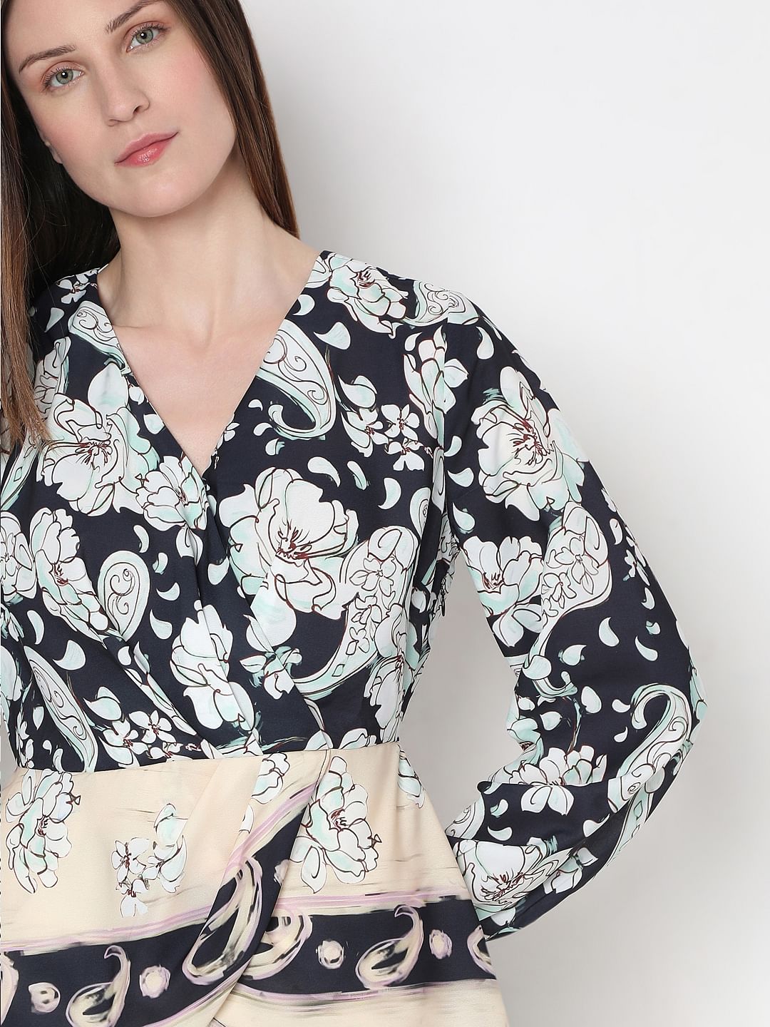 Black Mixed Print Wrap Top