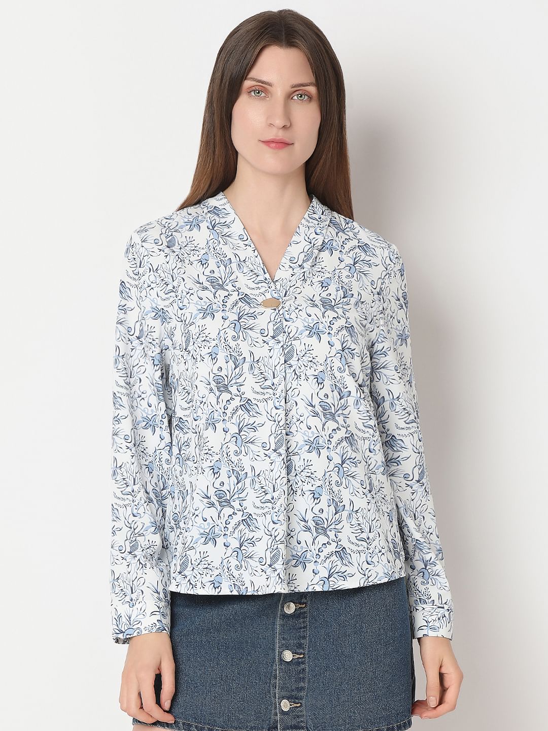 White Printed Full Sleeves Top