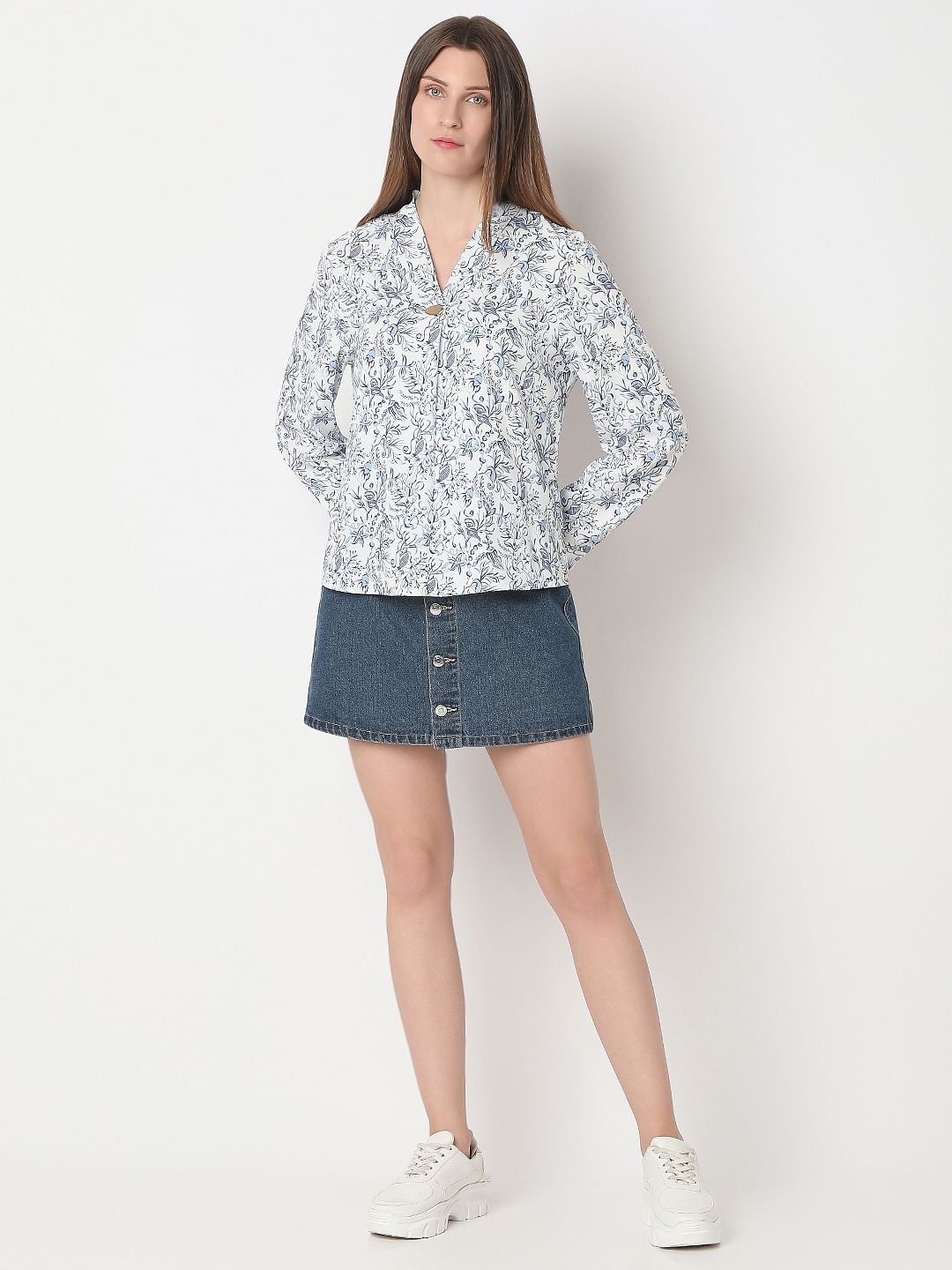 White Printed Full Sleeves Top