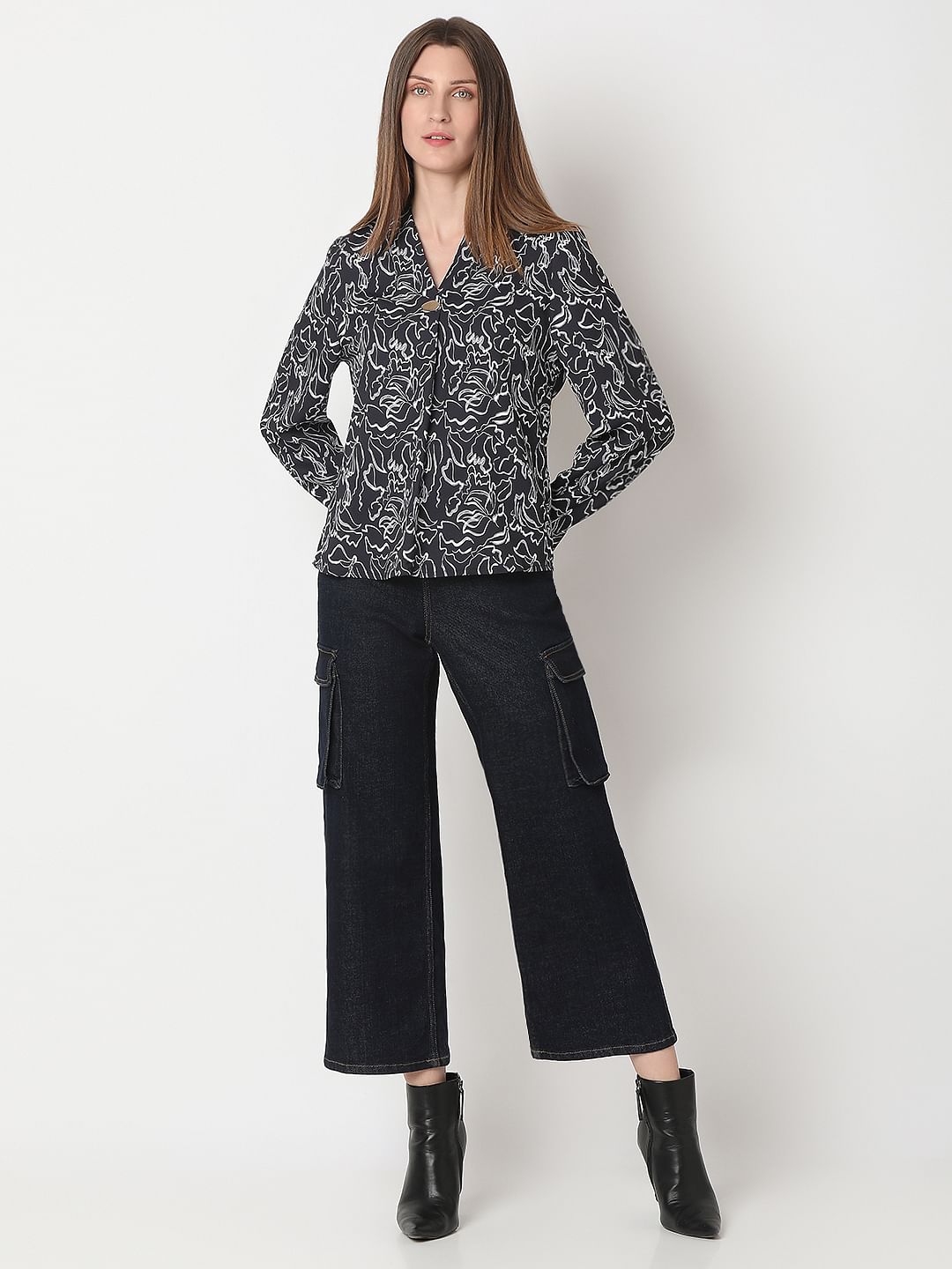 Black Printed Full Sleeves Top