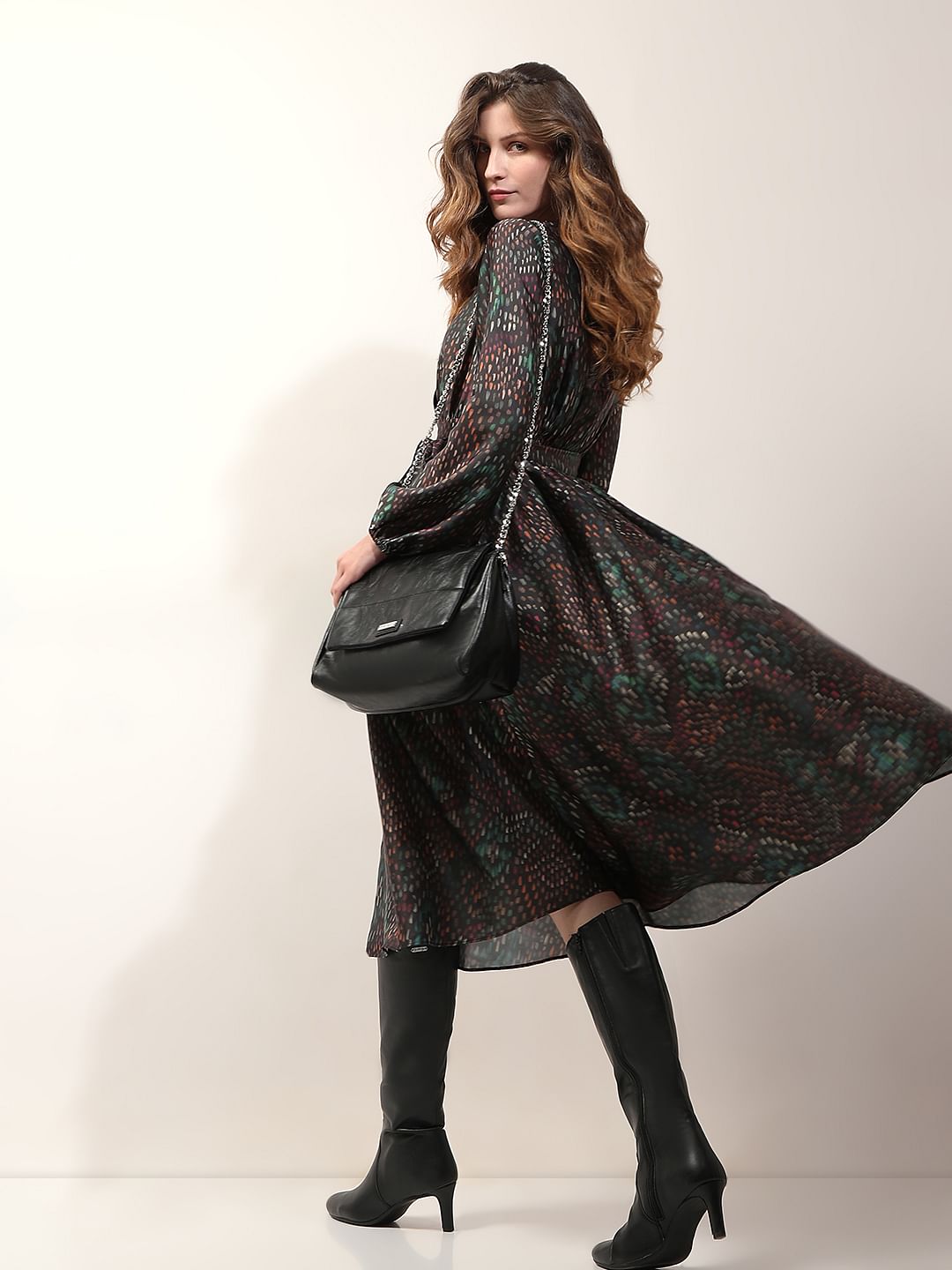 Black Printed Midi Dress