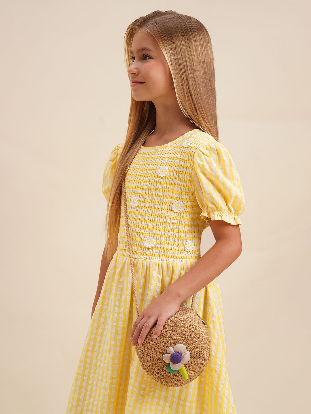 Girls Yellow Check Smocked Dress