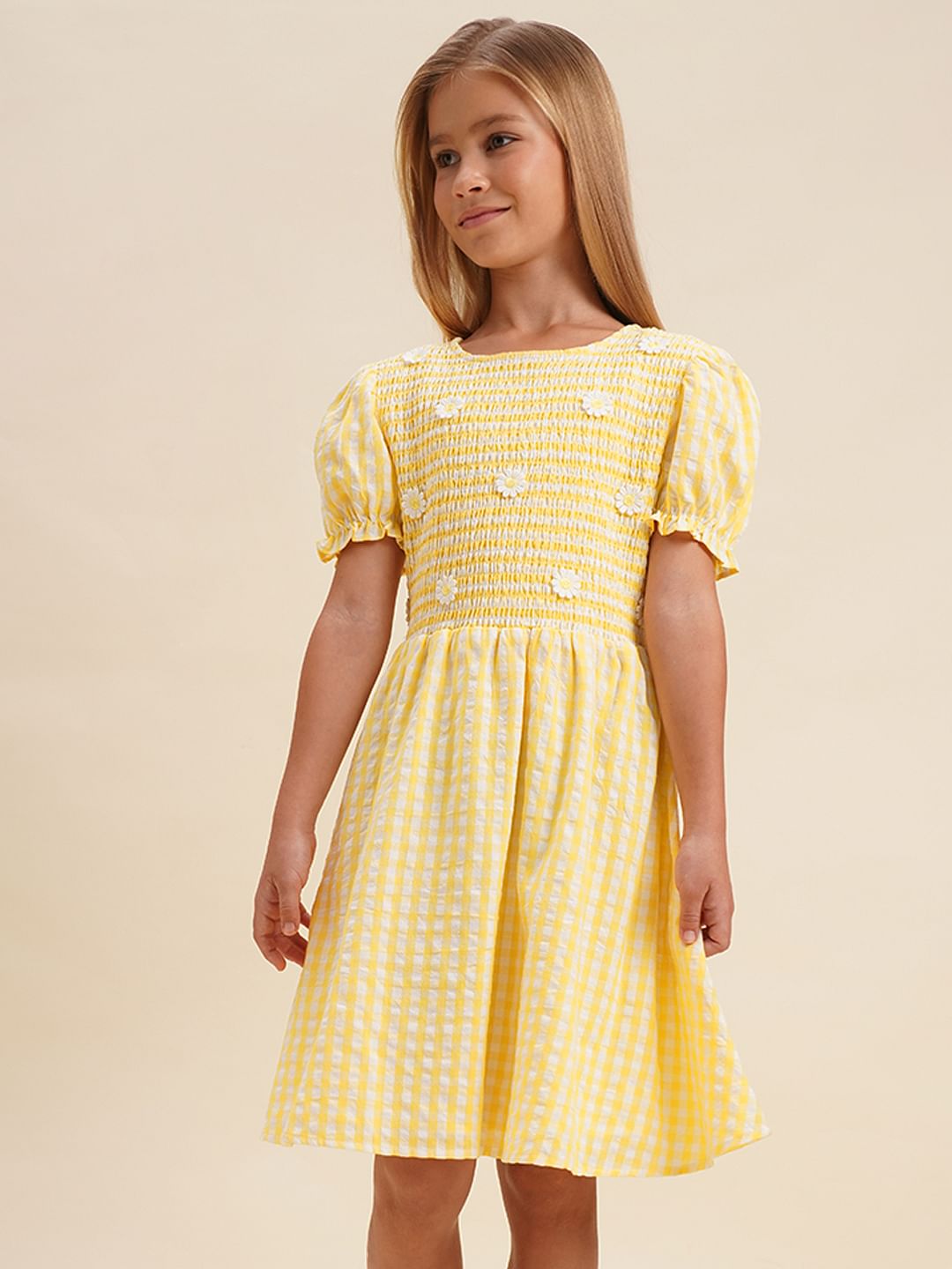 Girls Yellow Check Smocked Dress