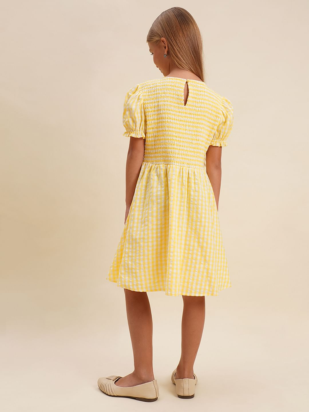 Girls Yellow Check Smocked Dress