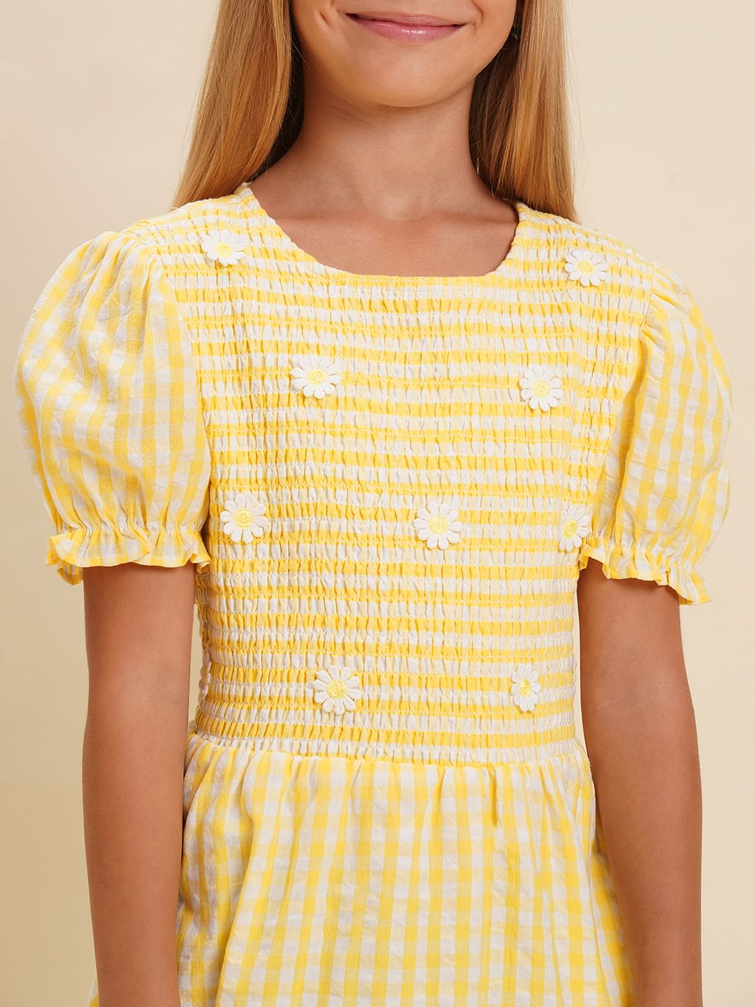 Girls Yellow Check Smocked Dress