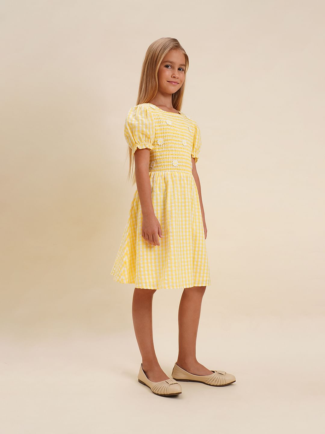 Girls Yellow Check Smocked Dress