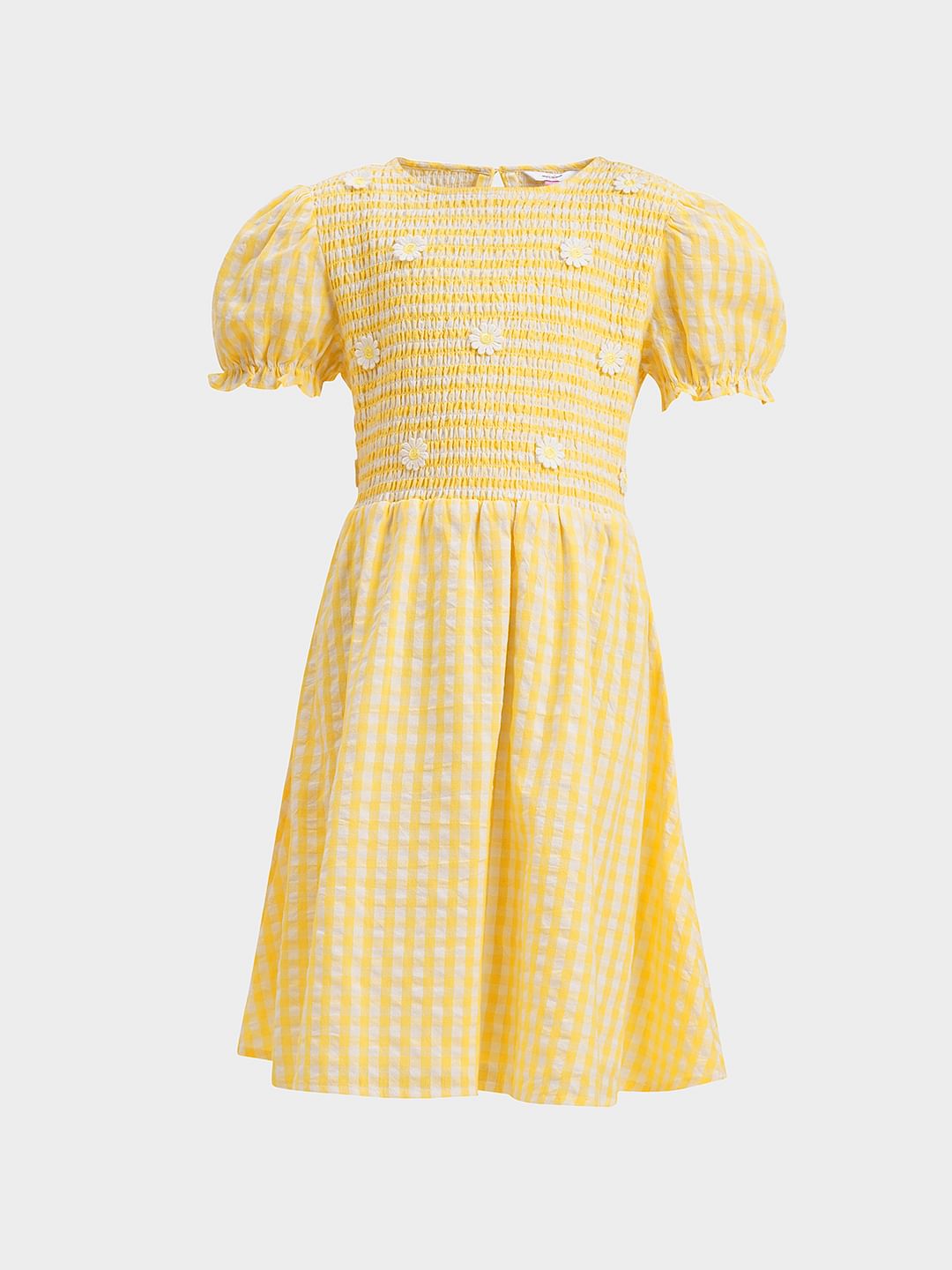 Girls Yellow Check Smocked Dress