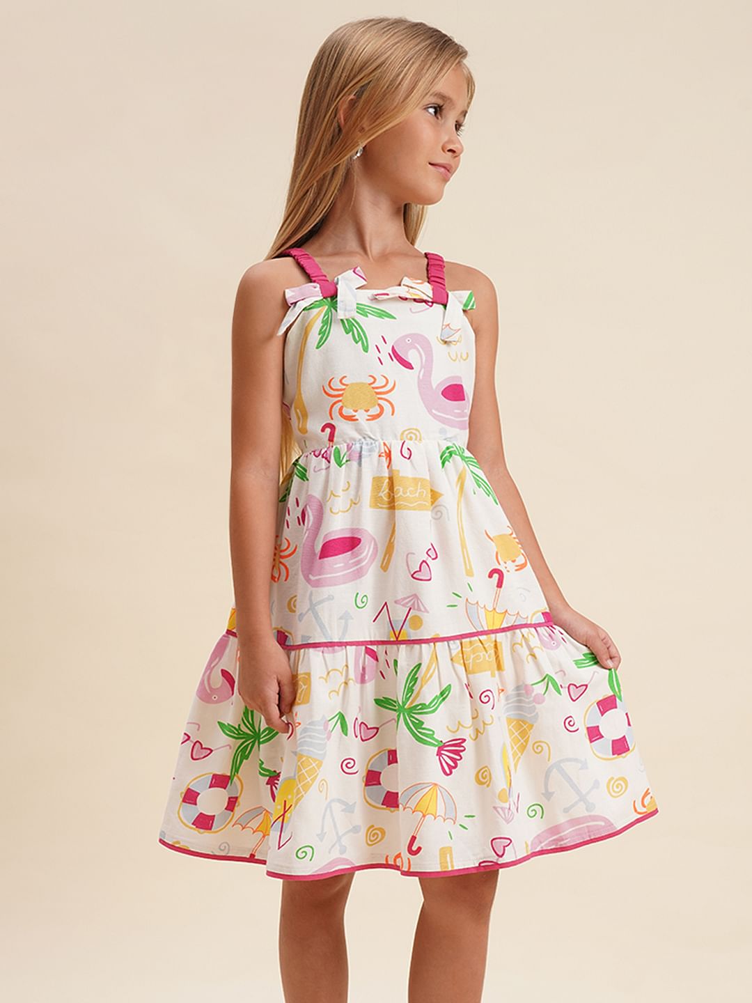 Girls White Printed Strappy Dress