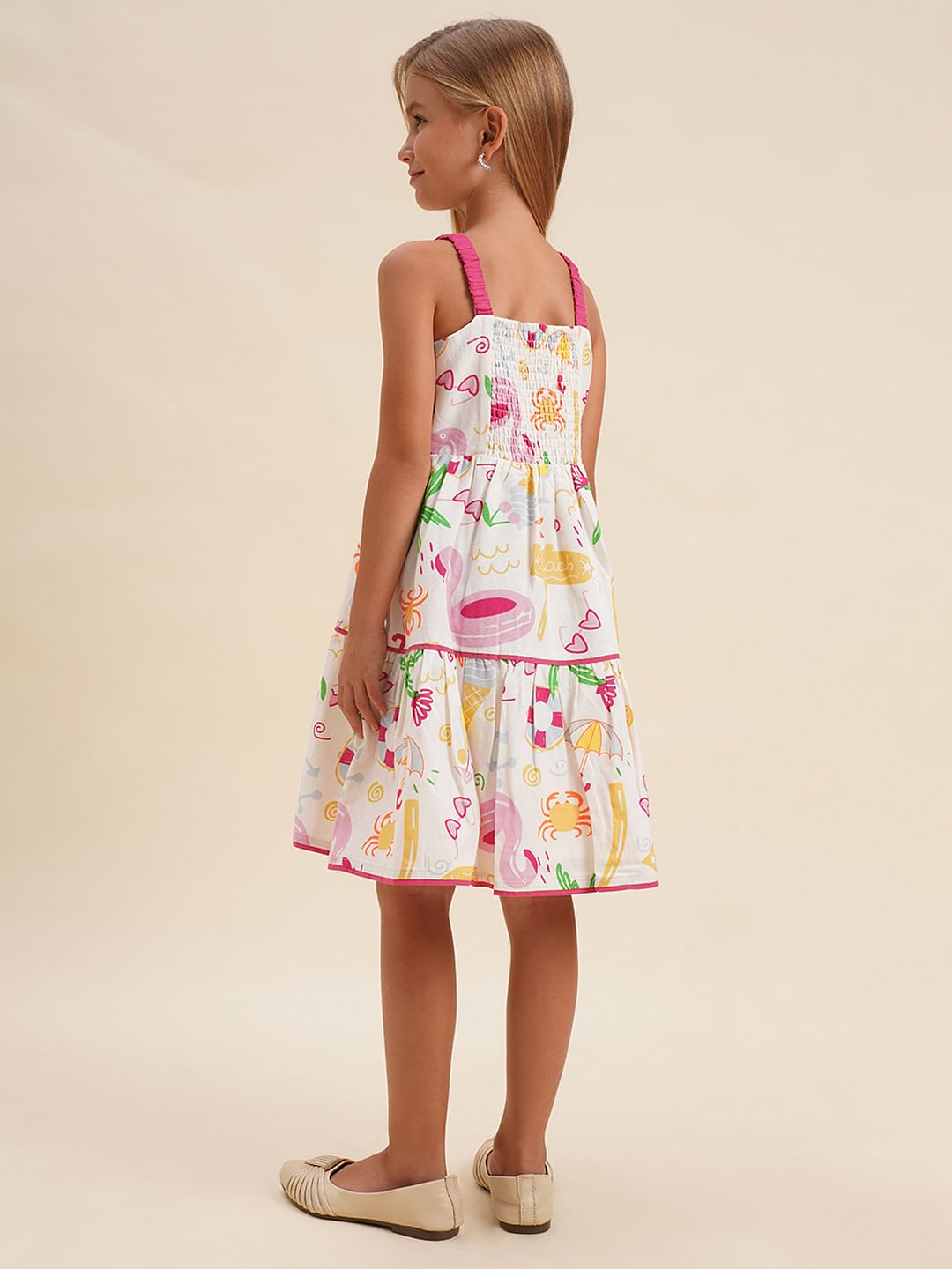 Girls White Printed Strappy Dress