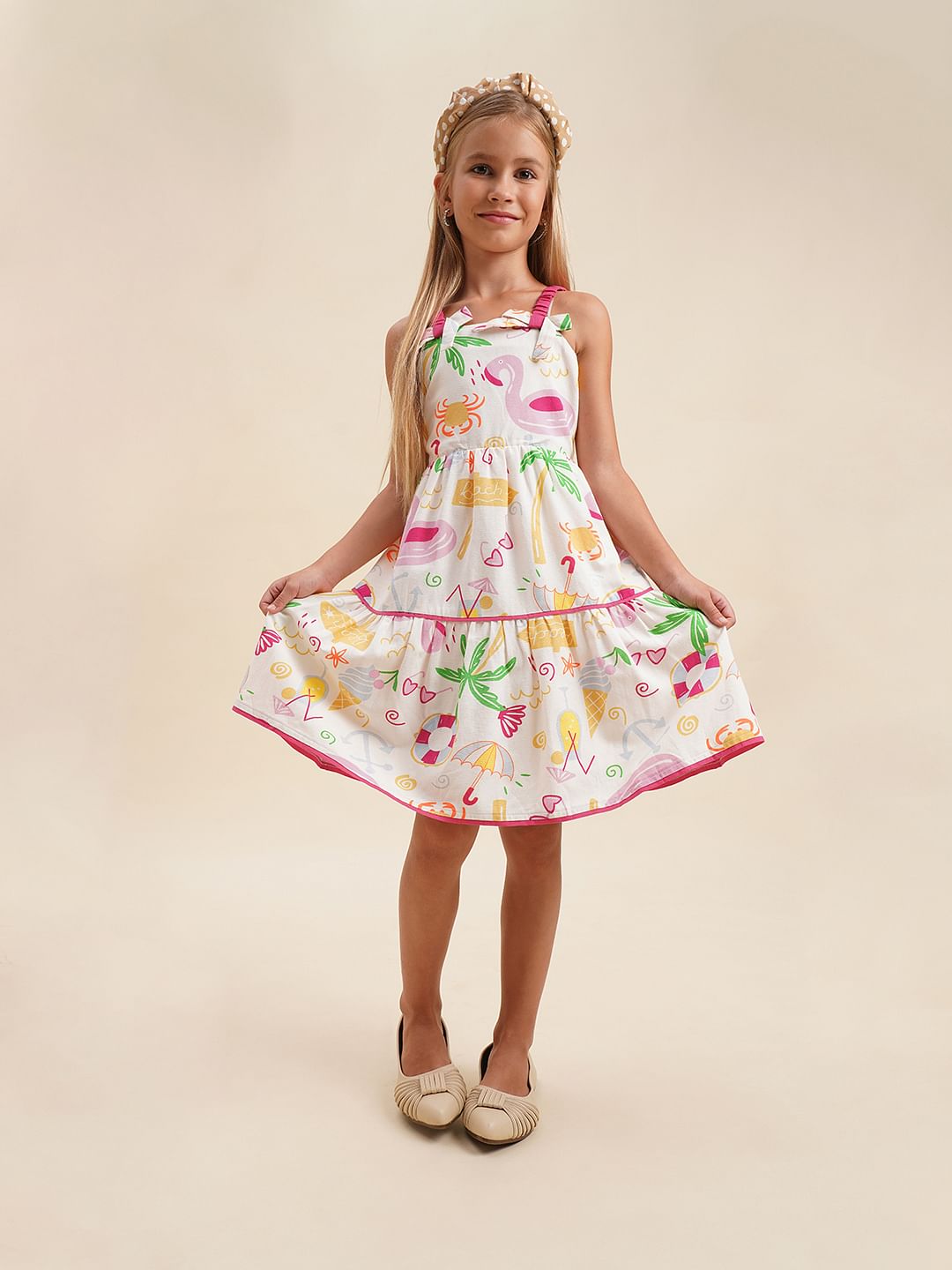 Girls White Printed Strappy Dress