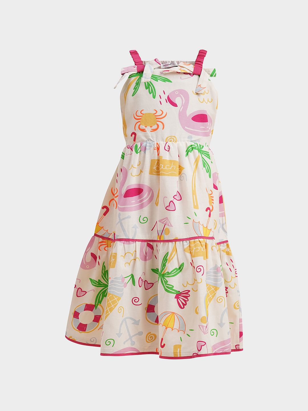 Girls White Printed Strappy Dress