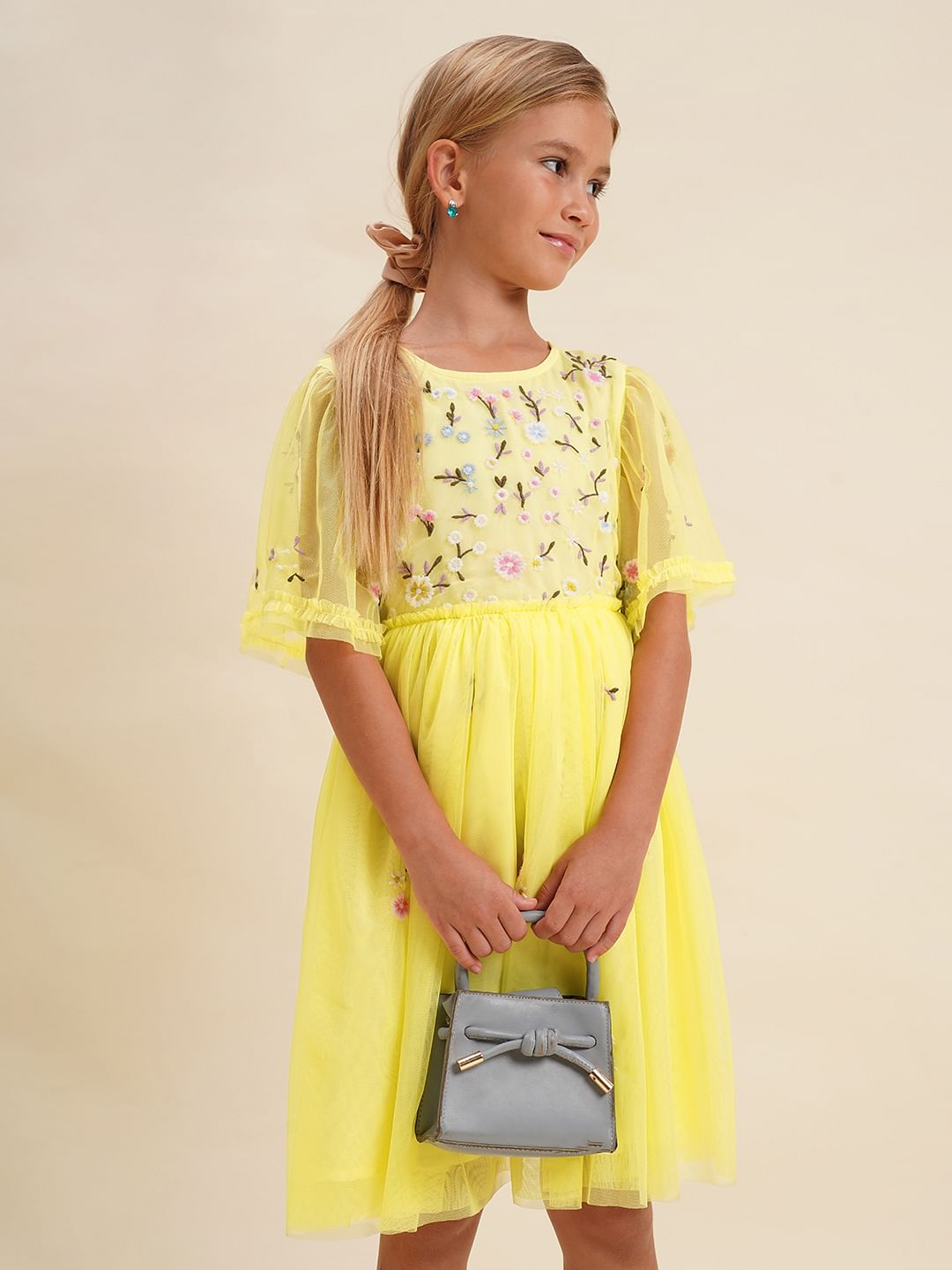 Girls Yellow Floral Fit & Flare Dress