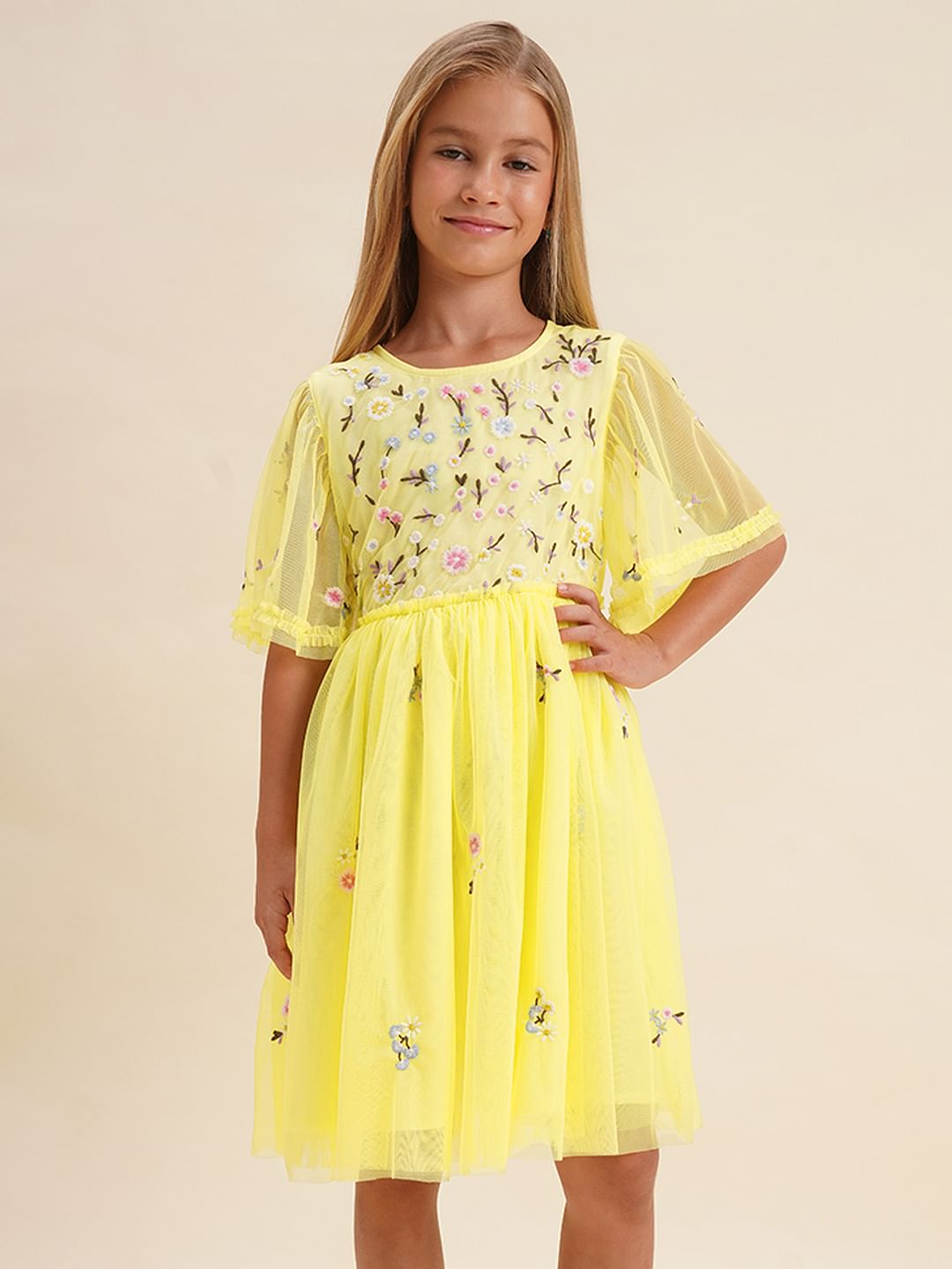 Girls Yellow Floral Fit & Flare Dress