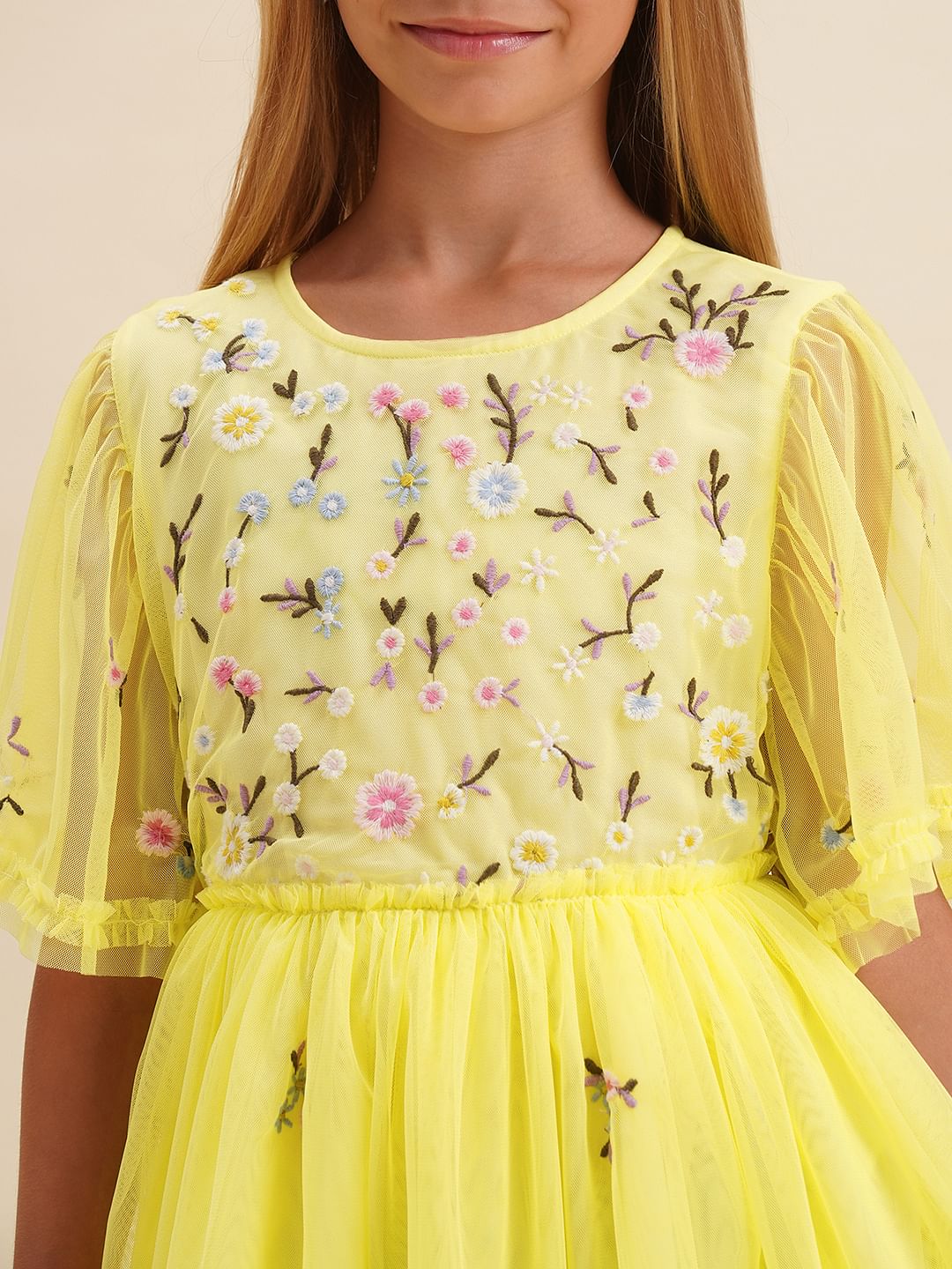 Girls Yellow Floral Fit & Flare Dress