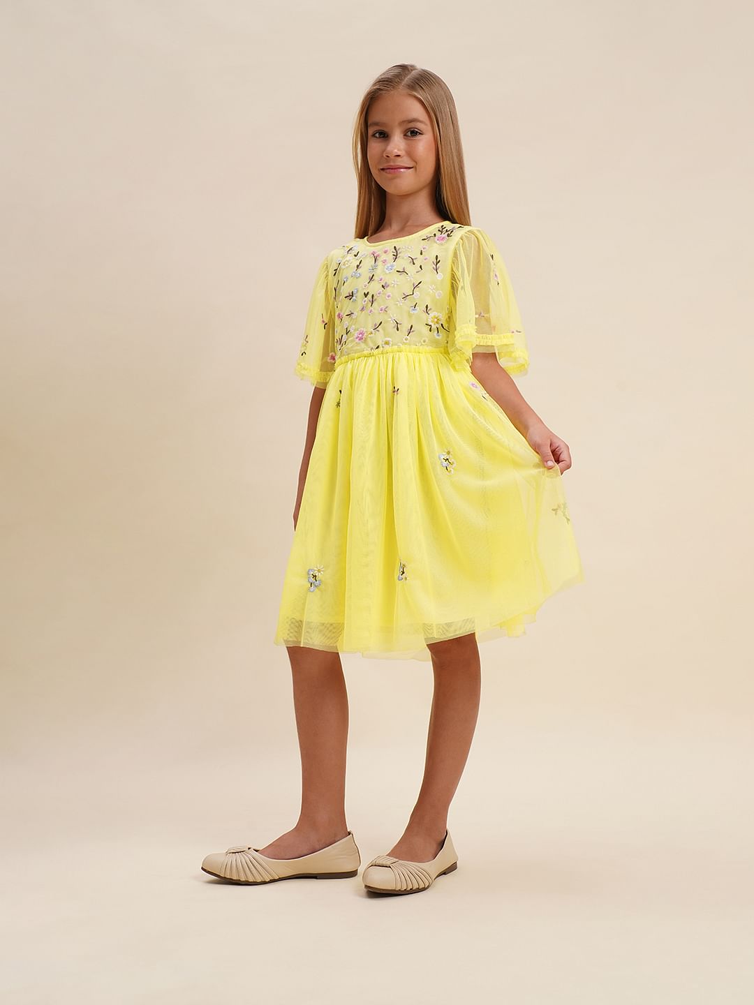 Girls Yellow Floral Fit & Flare Dress