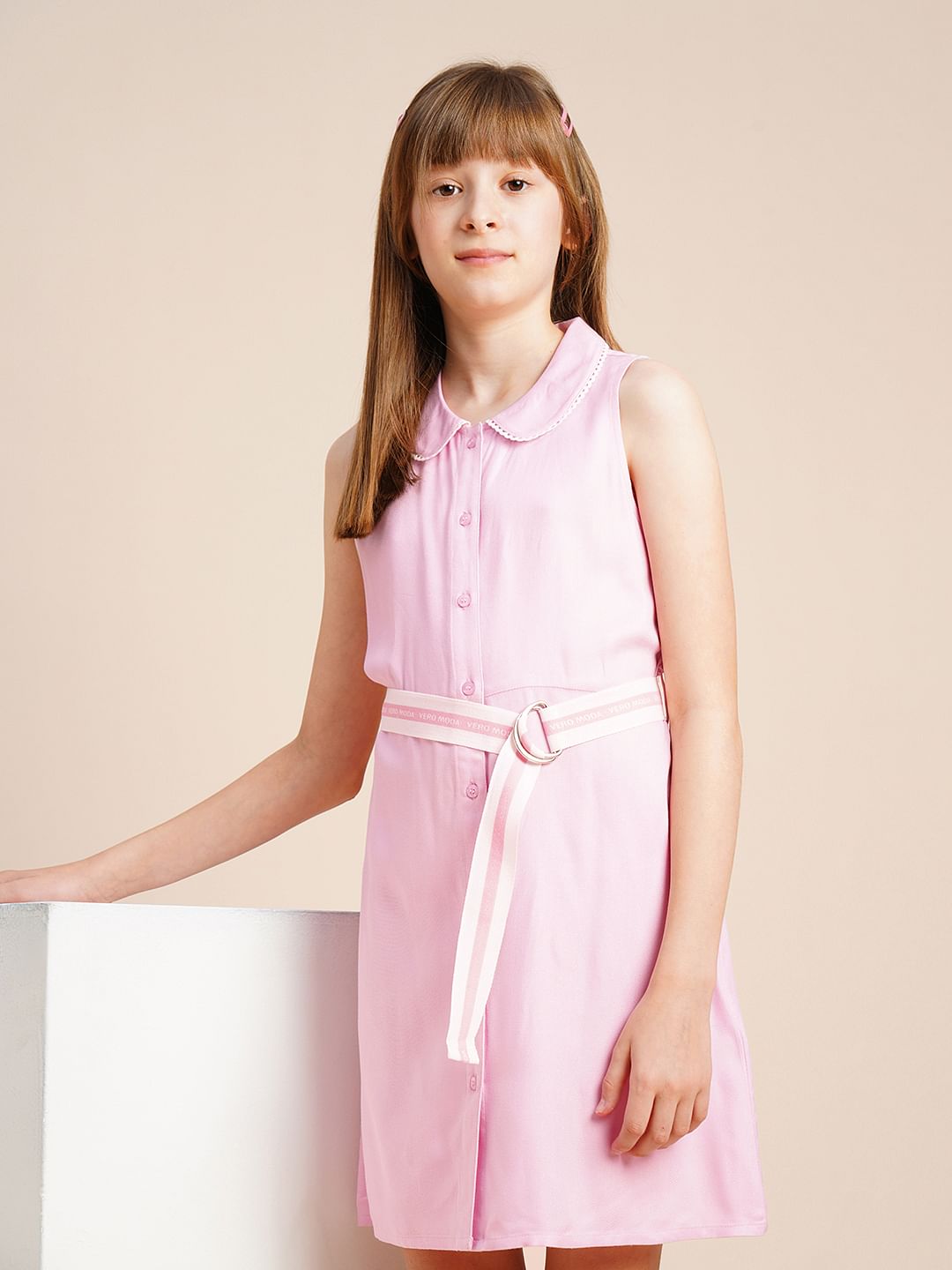Girls Pink Belted Shirt Dress