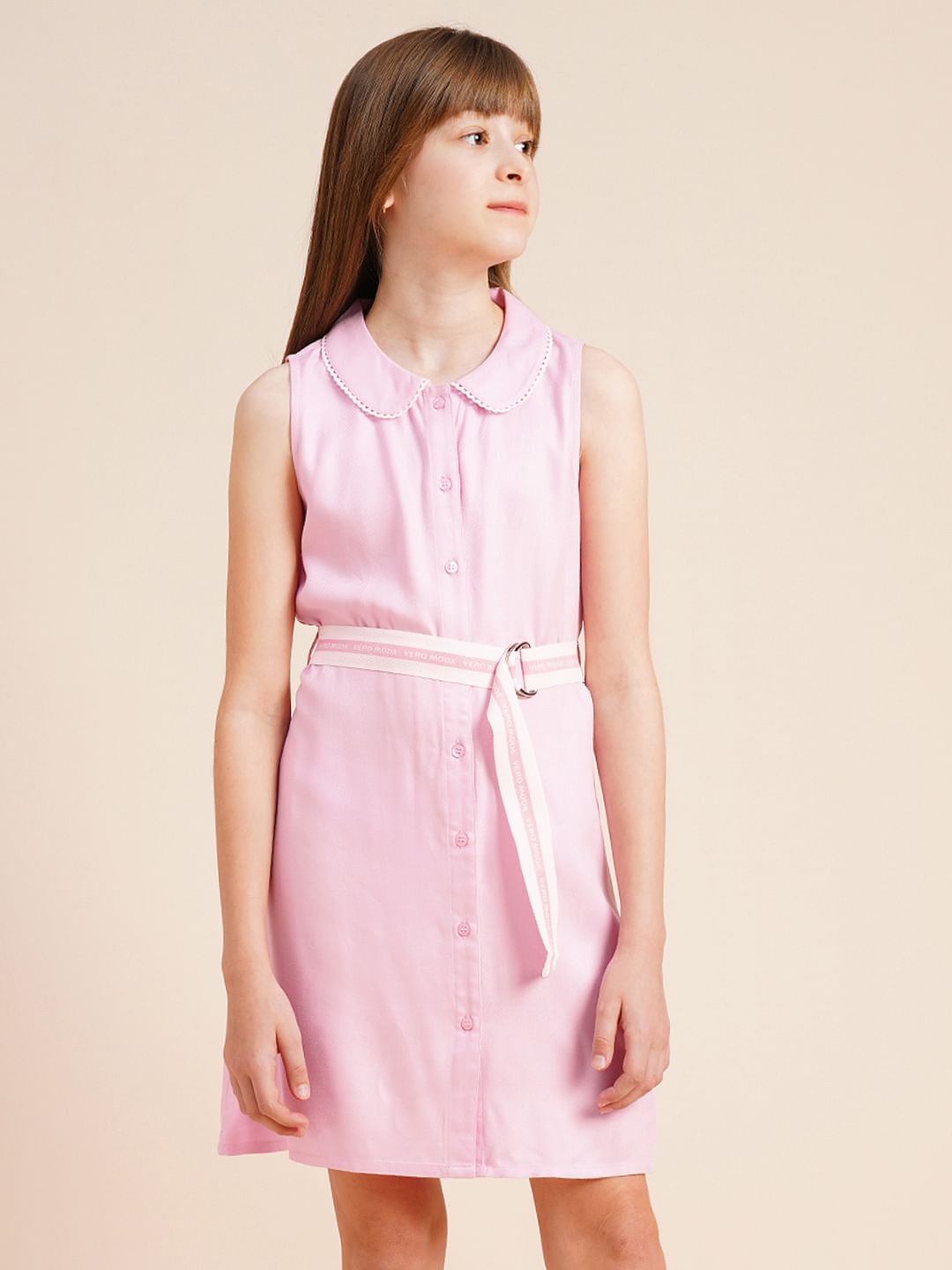 Girls Pink Belted Shirt Dress