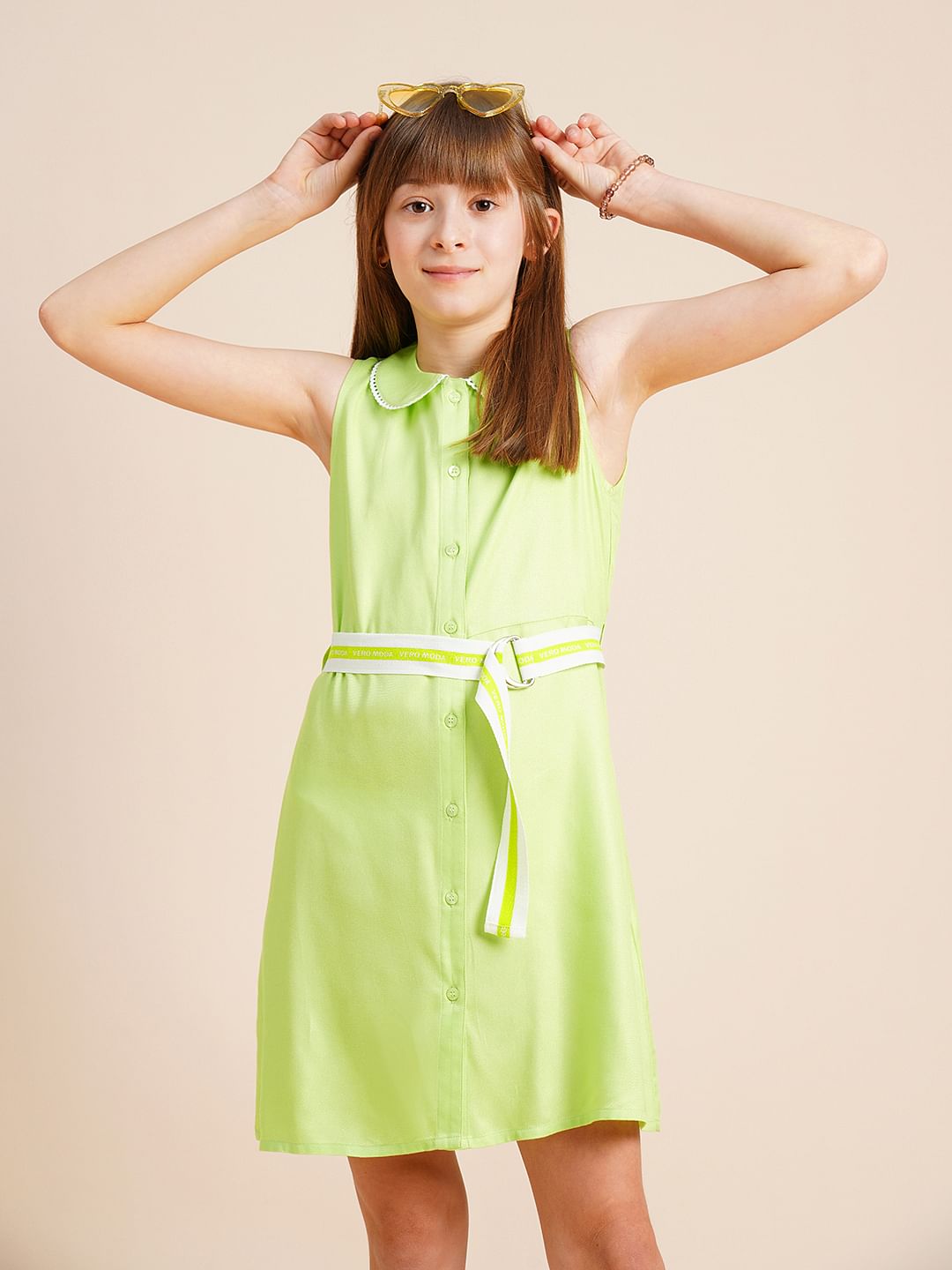 Girls Green Belted Shirt Dress