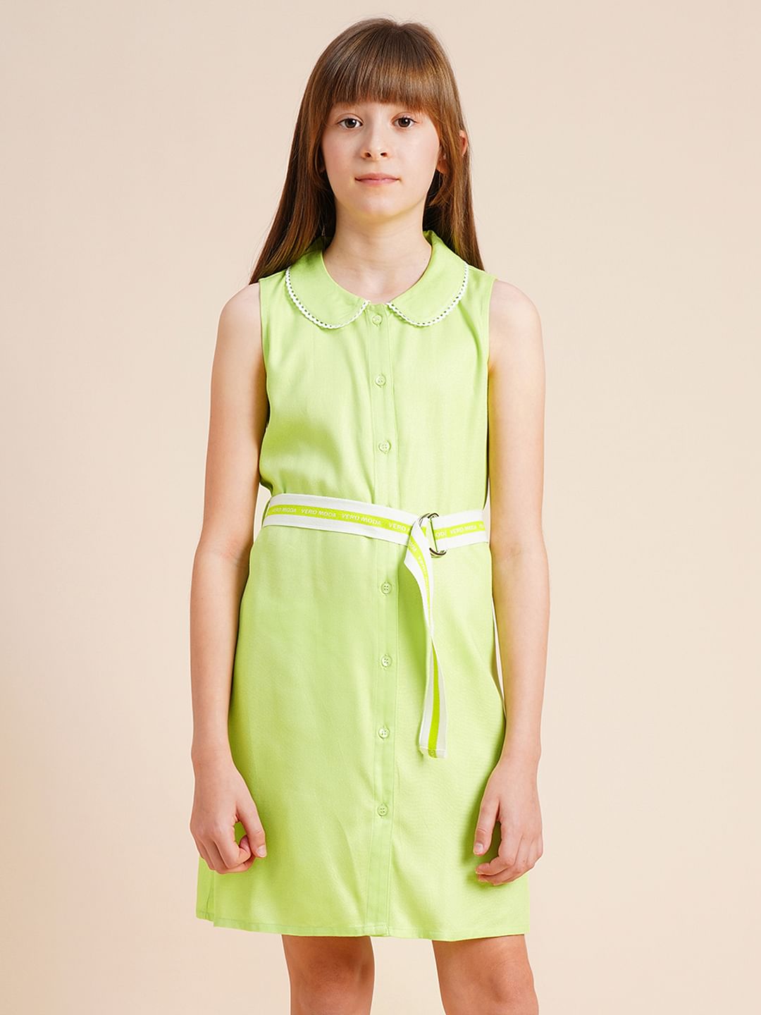Girls Green Belted Shirt Dress