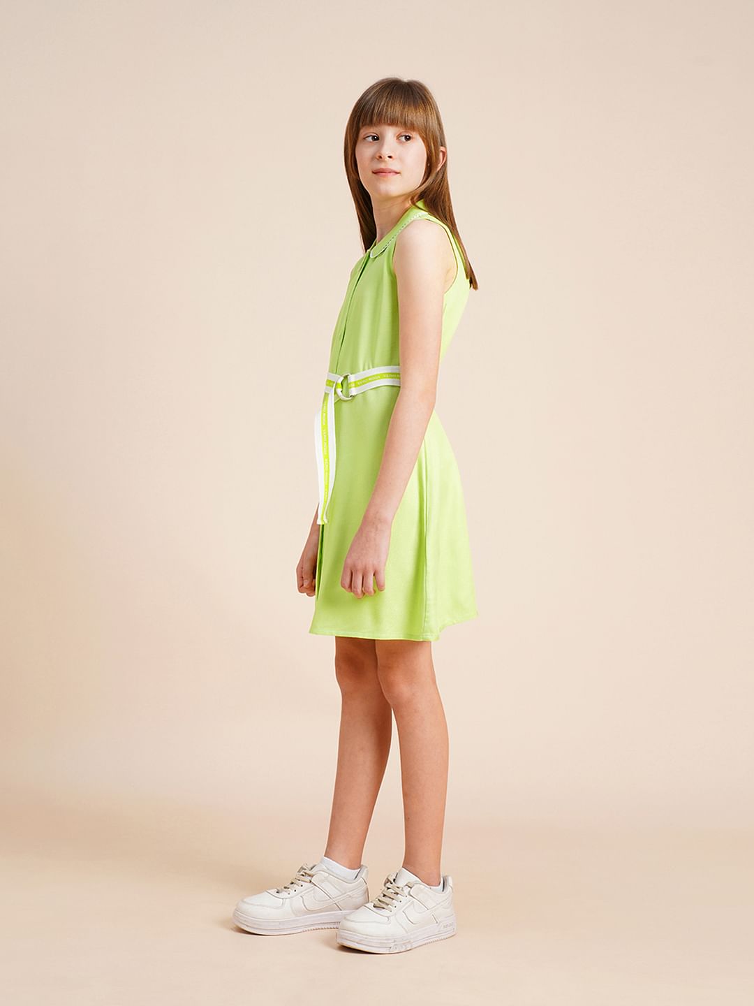 Girls Green Belted Shirt Dress