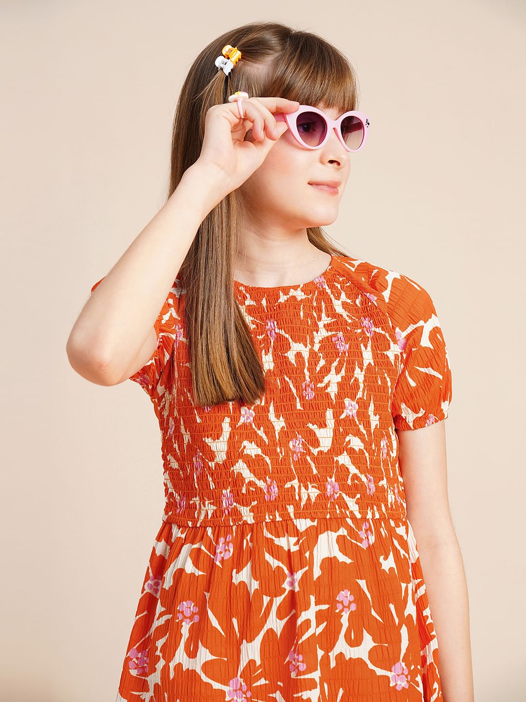 Girls Orange Printed Flared Dress