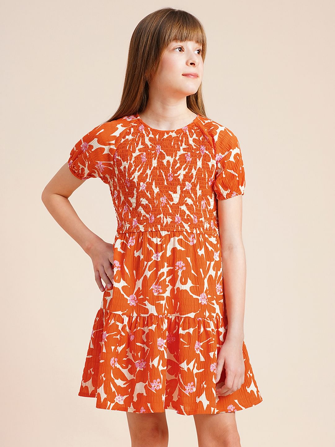 Girls Orange Printed Flared Dress