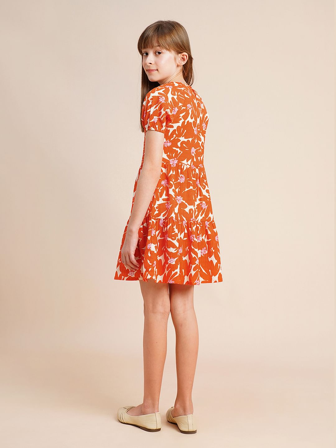Girls Orange Printed Flared Dress