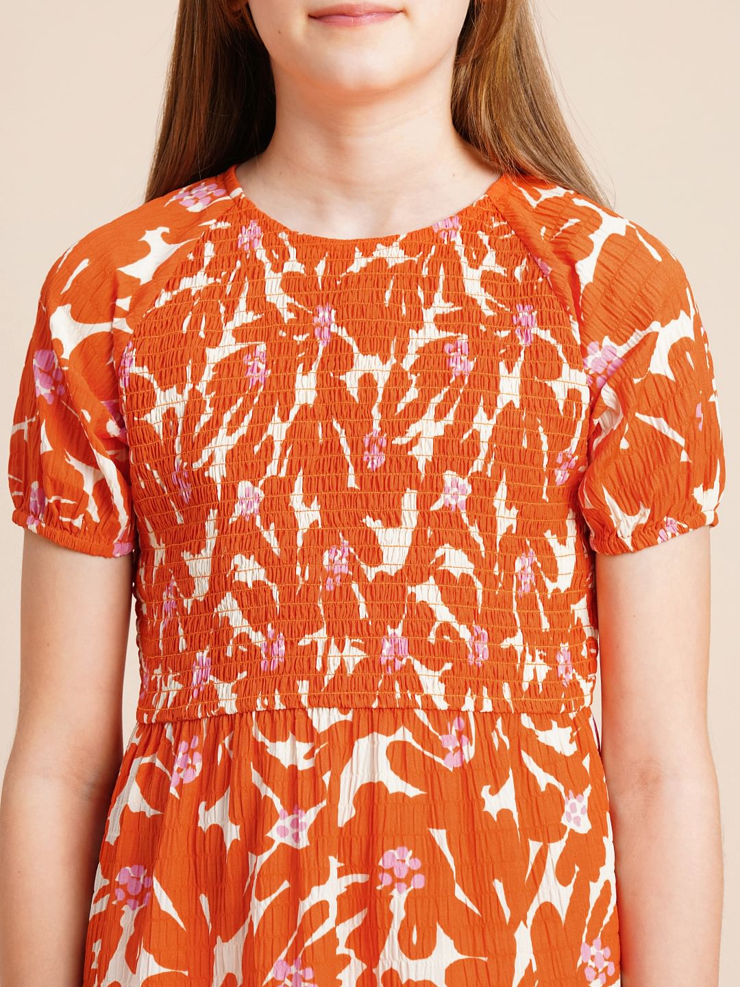 Girls Orange Printed Flared Dress
