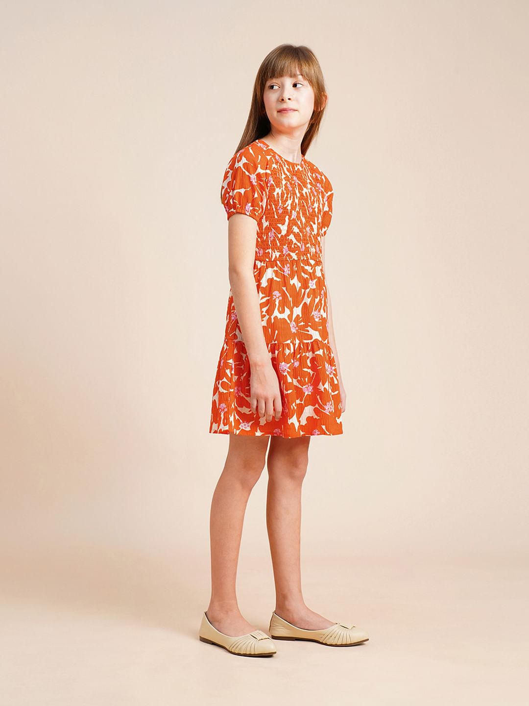 Girls Orange Printed Flared Dress