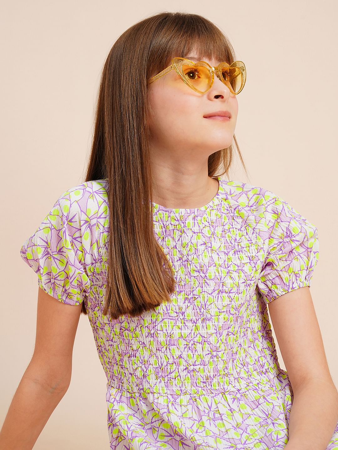 Girls White Printed Smocked Dress