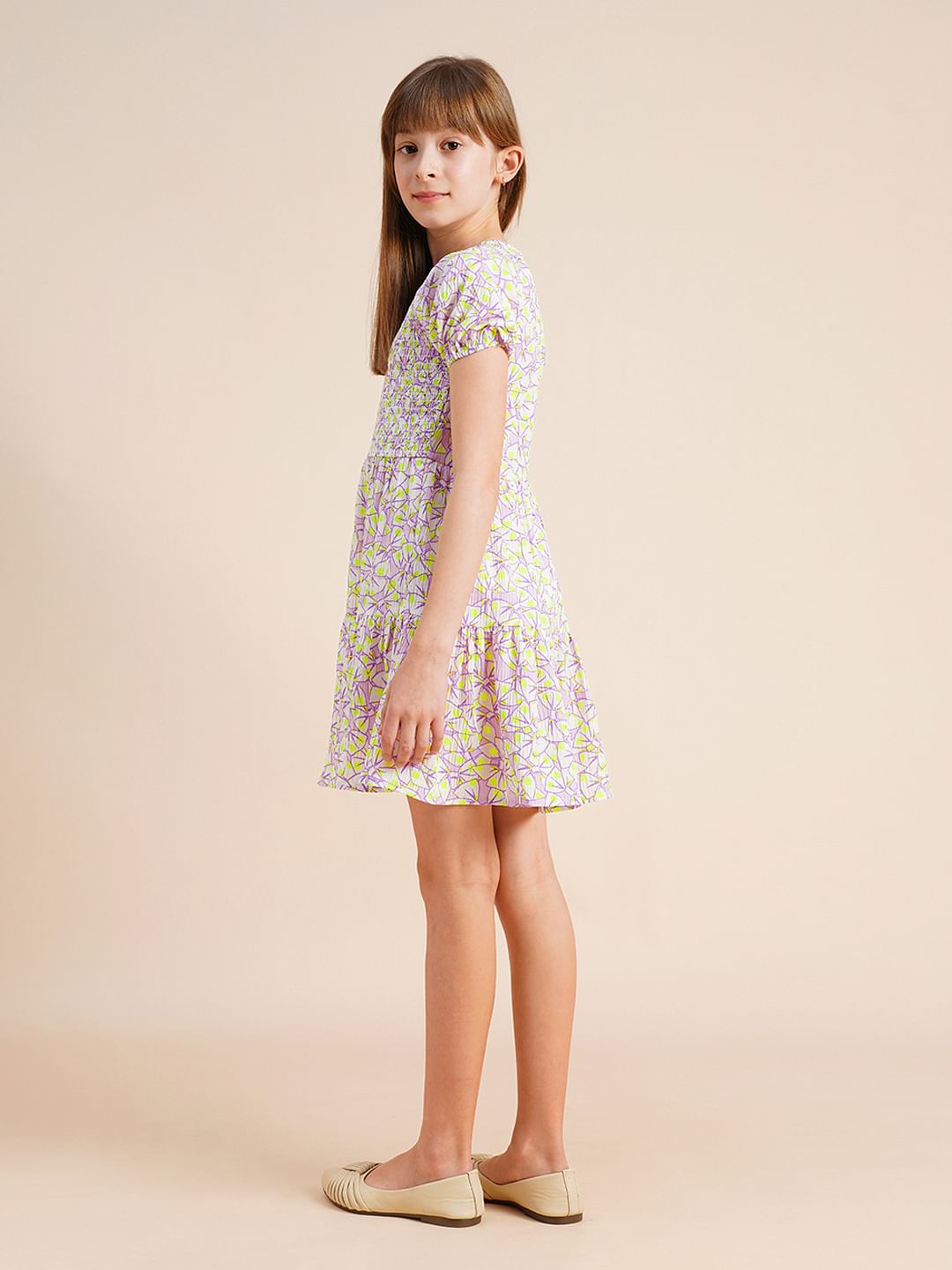 Girls White Printed Smocked Dress