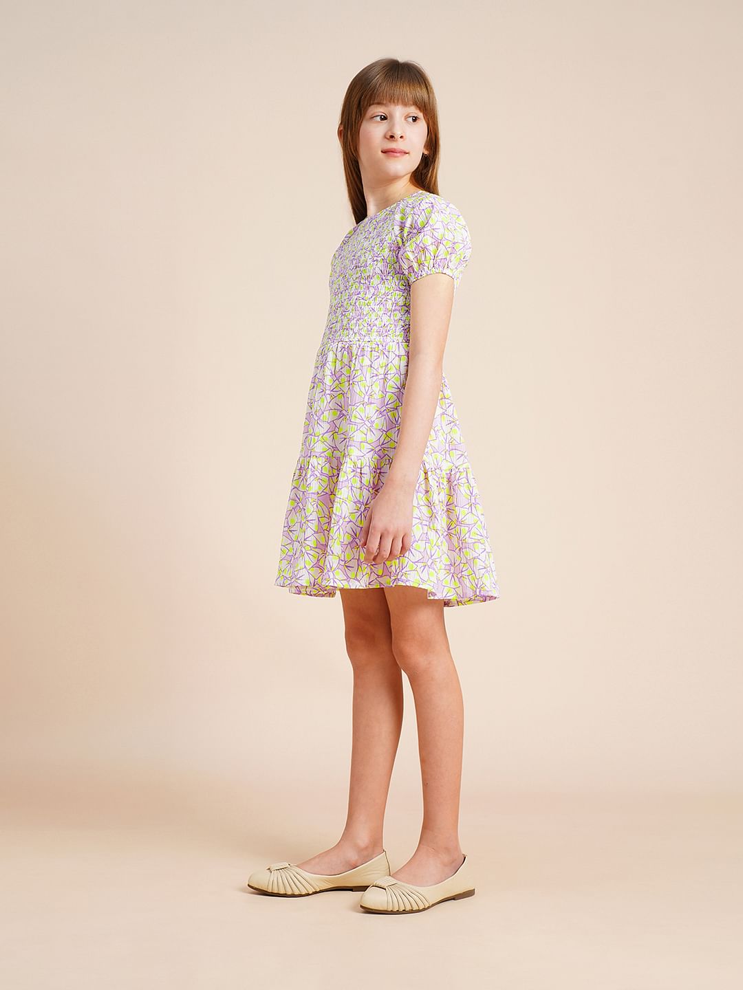 Girls White Printed Smocked Dress