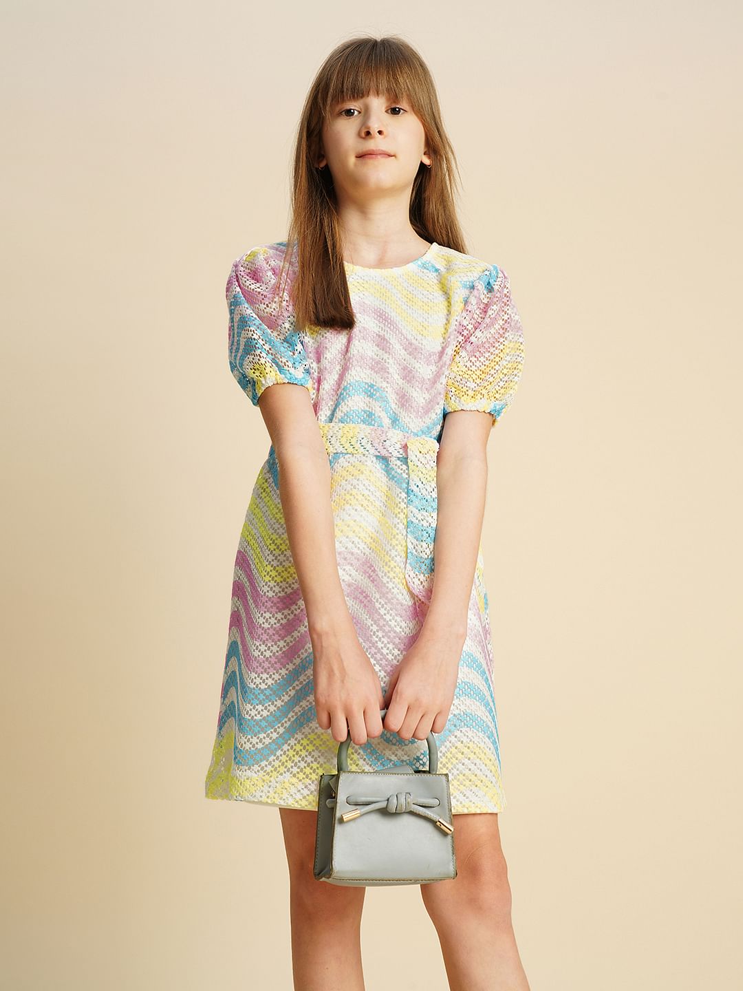 Girls Multi-Colour Puff Sleeves Printed Dress