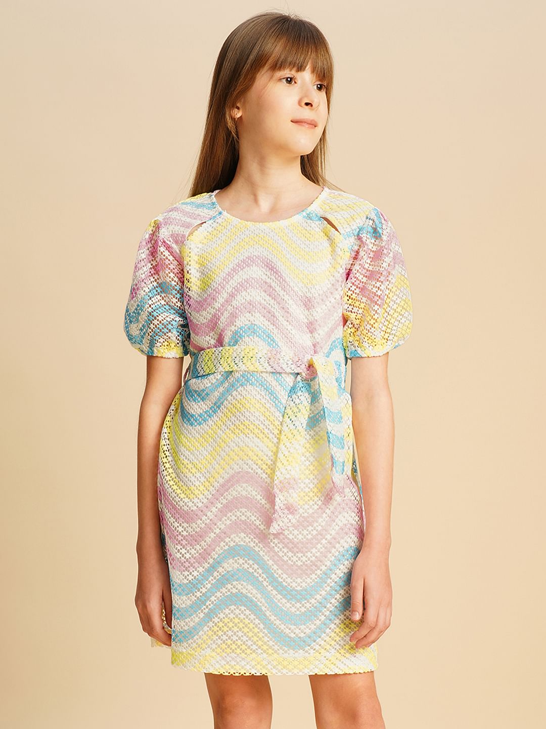 Girls Multi-Colour Puff Sleeves Printed Dress