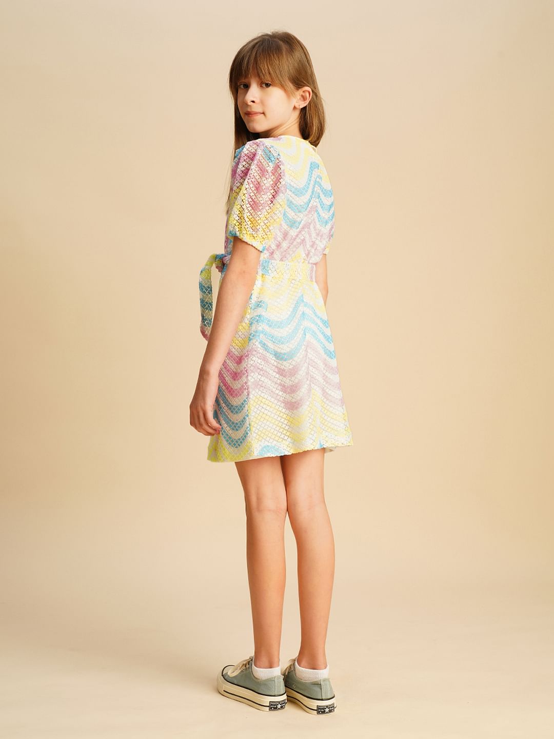 Girls Multi-Colour Puff Sleeves Printed Dress