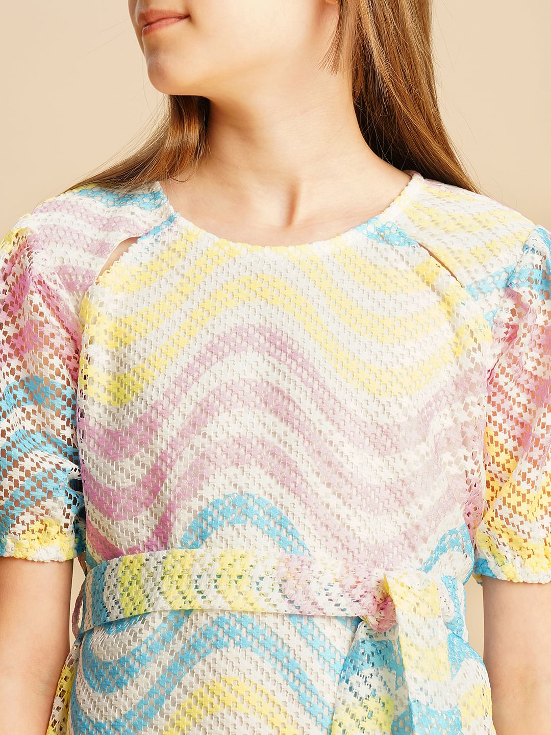 Girls Multi-Colour Puff Sleeves Printed Dress