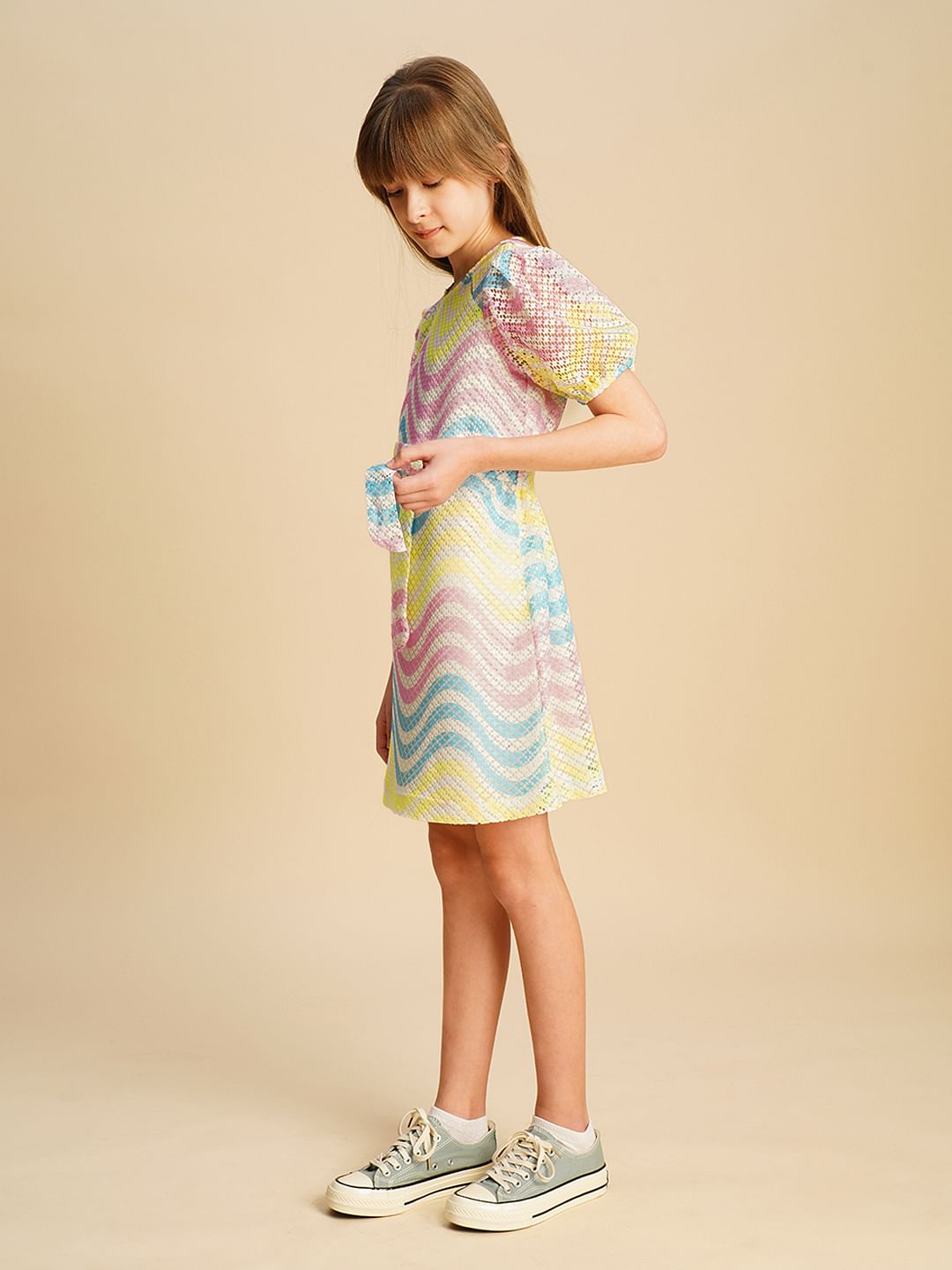 Girls Multi-Colour Puff Sleeves Printed Dress