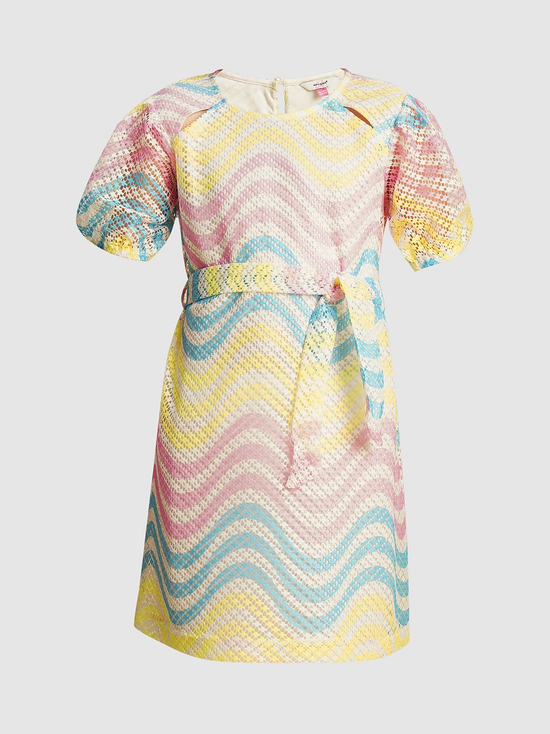 Girls Multi-Colour Puff Sleeves Printed Dress