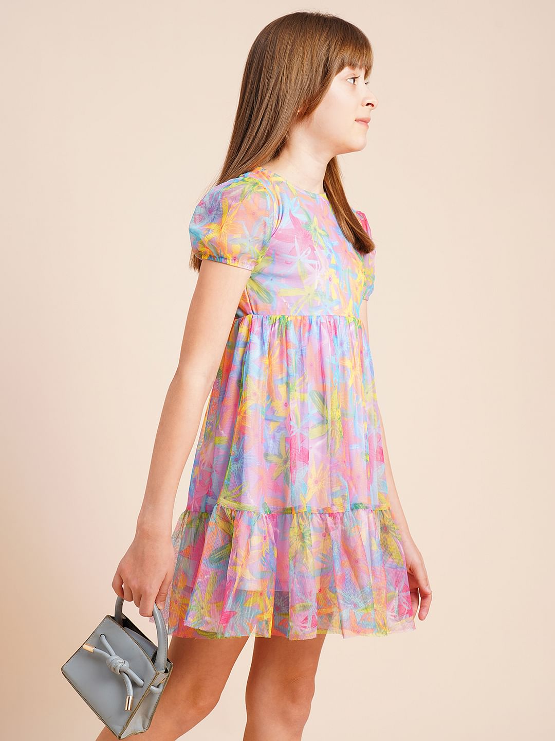 Girls Lilac Printed Mesh Dress