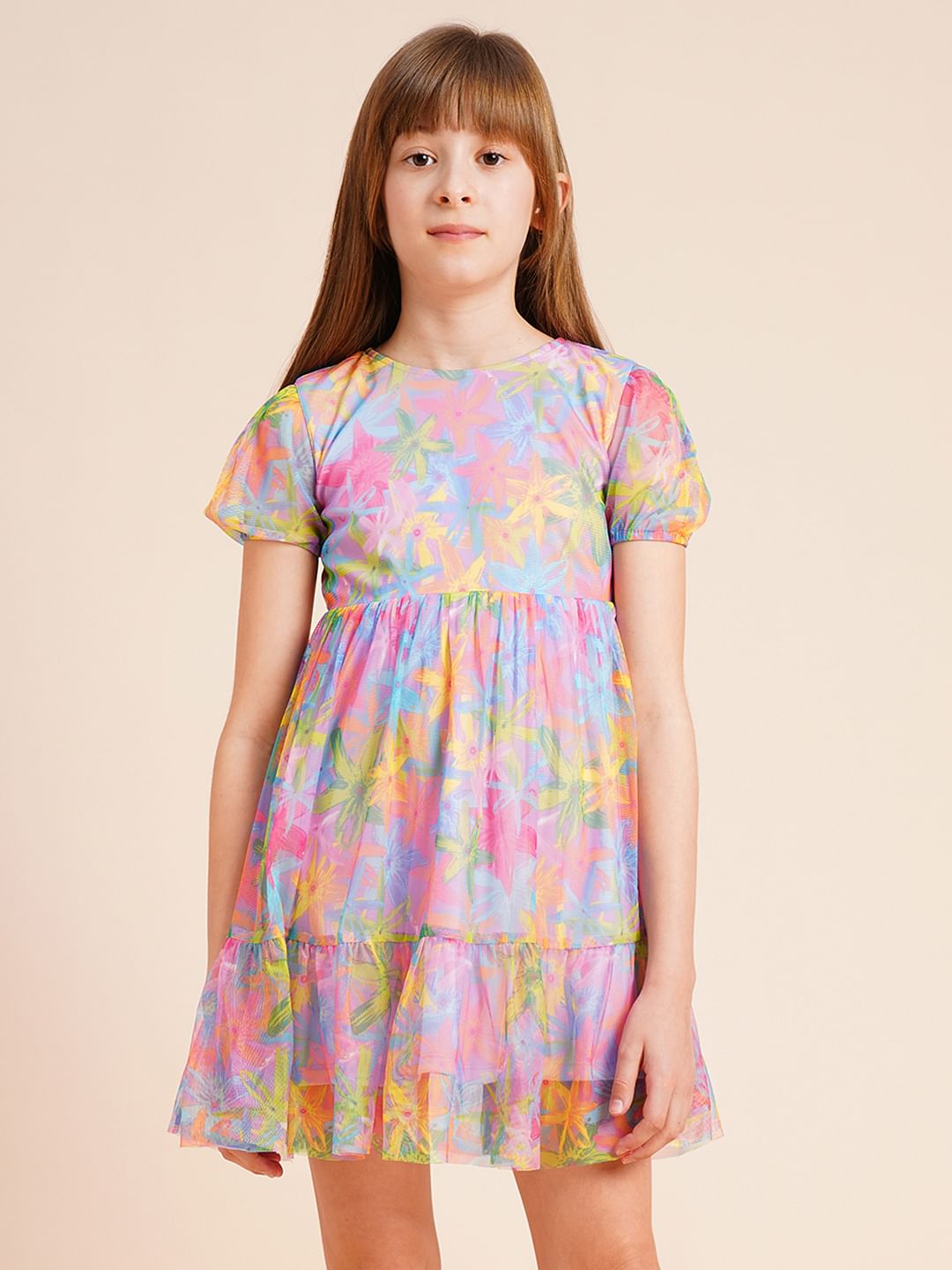 Girls Lilac Printed Mesh Dress