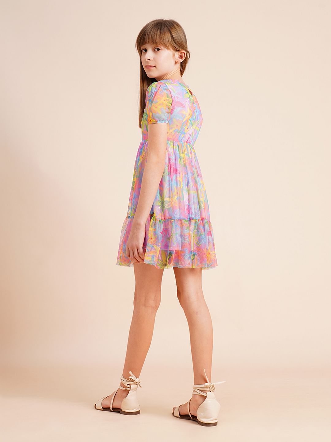 Girls Lilac Printed Mesh Dress