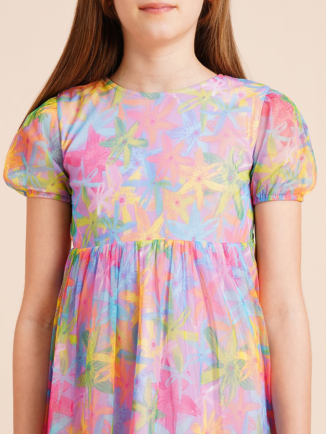 Girls Lilac Printed Mesh Dress