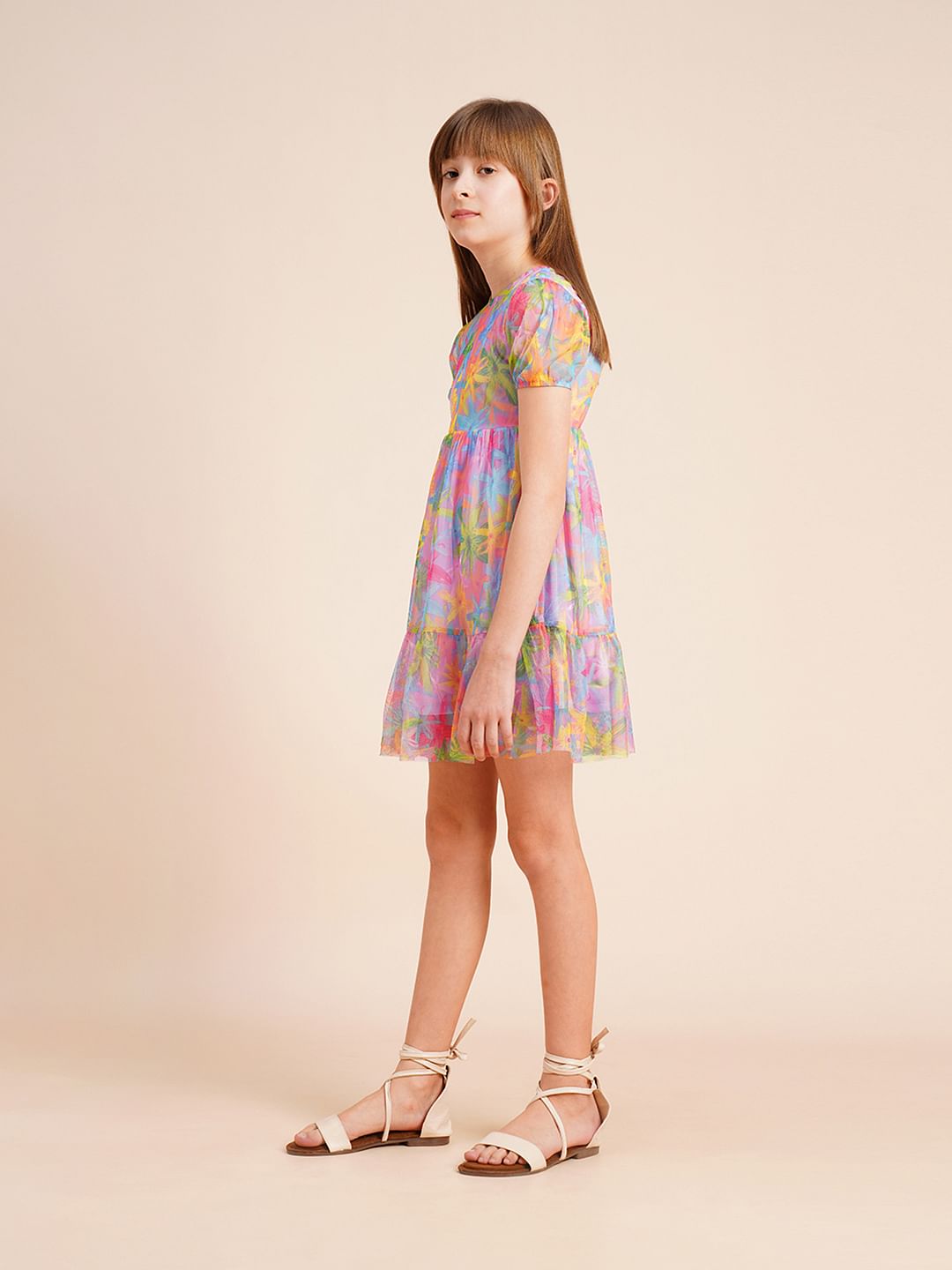 Girls Lilac Printed Mesh Dress