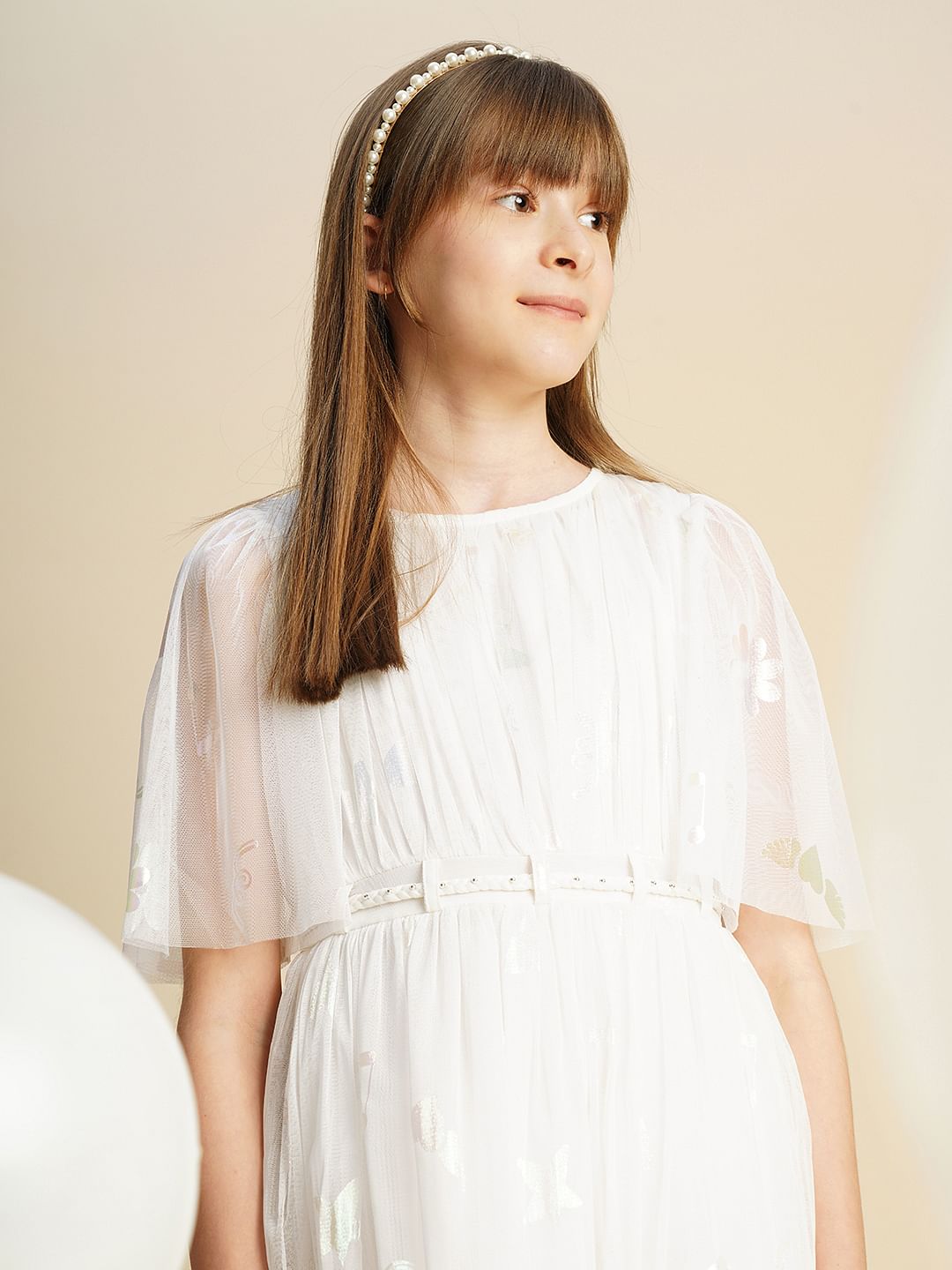 Girls White Mesh Layered Dress