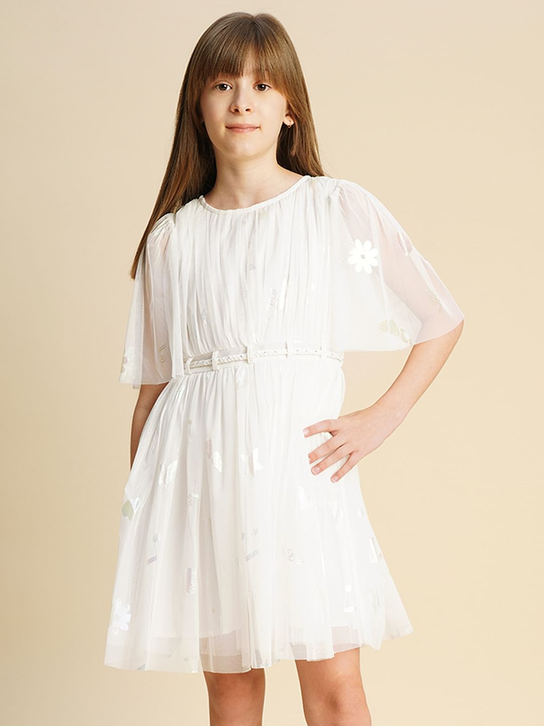 Girls White Mesh Layered Dress